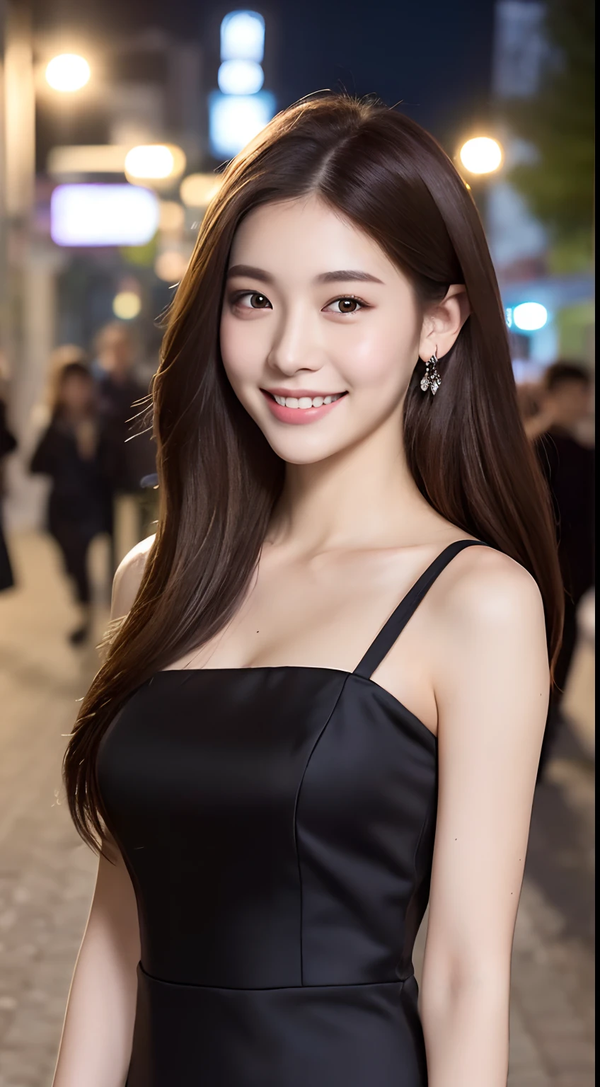 ((best quality, 8k, masterpiece :1.3)), 1 girl, smiling, whole body, face slimming, pretty Woman, (Dark brown hair), full length dress :1.1, Super detailed faces, delicate eyes, double eyelids, blurred background, face slimming, City, external, street,