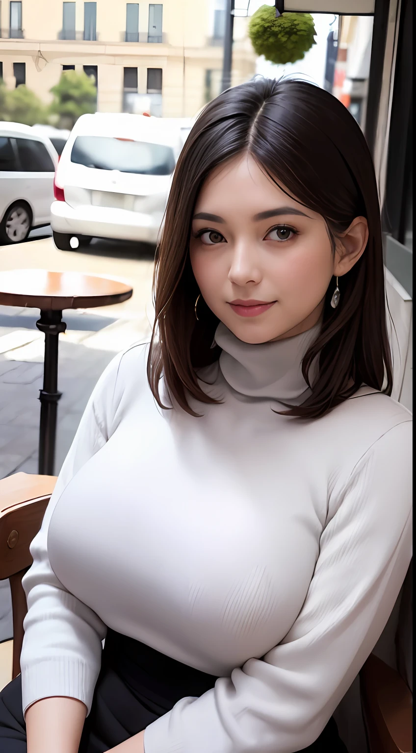 ((A mature woman sits in front of a café)),((turtleneck shirts:1.3)). 40k, Photography, Masterpiece, Best quality, dark grey background, ((Mature women, Wife, Mom, A MILF)), ((A plump chest)), Perfect face, perfect boobs, ((Breast-huge)), ((1 girl with brown eyes and gorgeous light black hair)). a Pretty Japanese woman，full soft breasts and white skin, ((very soft breasts)). Ultra-detailed face, Detailed eyes, Embarrassed, Smile, Summer, Daytime, (((Slave collar))), Half body, dated