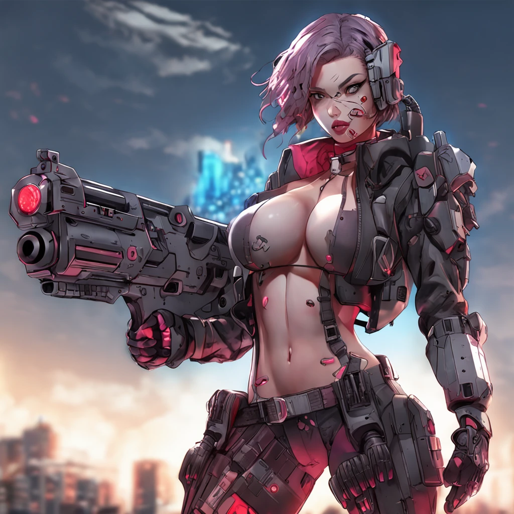 anime girl with a chainsaw and a gun in her hand, cyberpunk art by Shitao, pixiv contest winner, auto-destructive art, oppai cyberpunk, thicc, heavy detailed, (sfw) safe for work, heavy looking, biomechanical oppai, giantess art, badass anime 8 k, thicc build, highly detailed giantess shot