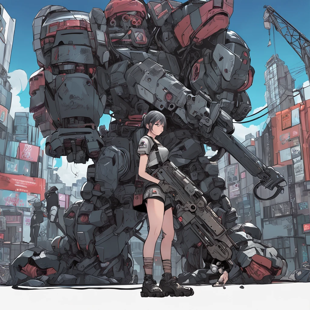 anime girl with a chainsaw and a gun in her hand, cyberpunk art by Shitao, pixiv contest winner, auto-destructive art, oppai cyberpunk, thicc, heavy detailed, (sfw) safe for work, heavy looking, biomechanical oppai, giantess art, badass anime 8 k, thicc build, highly detailed giantess shot