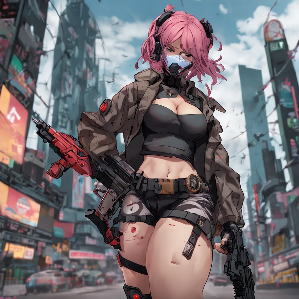 anime girl with a chainsaw and a gun in her hand, cyberpunk art by Shitao, pixiv contest winner, auto-destructive art, oppai cyberpunk, thicc, heavy detailed, (sfw) safe for work, heavy looking, biomechanical oppai, giantess art, badass anime 8 k, thicc build, highly detailed giantess shot