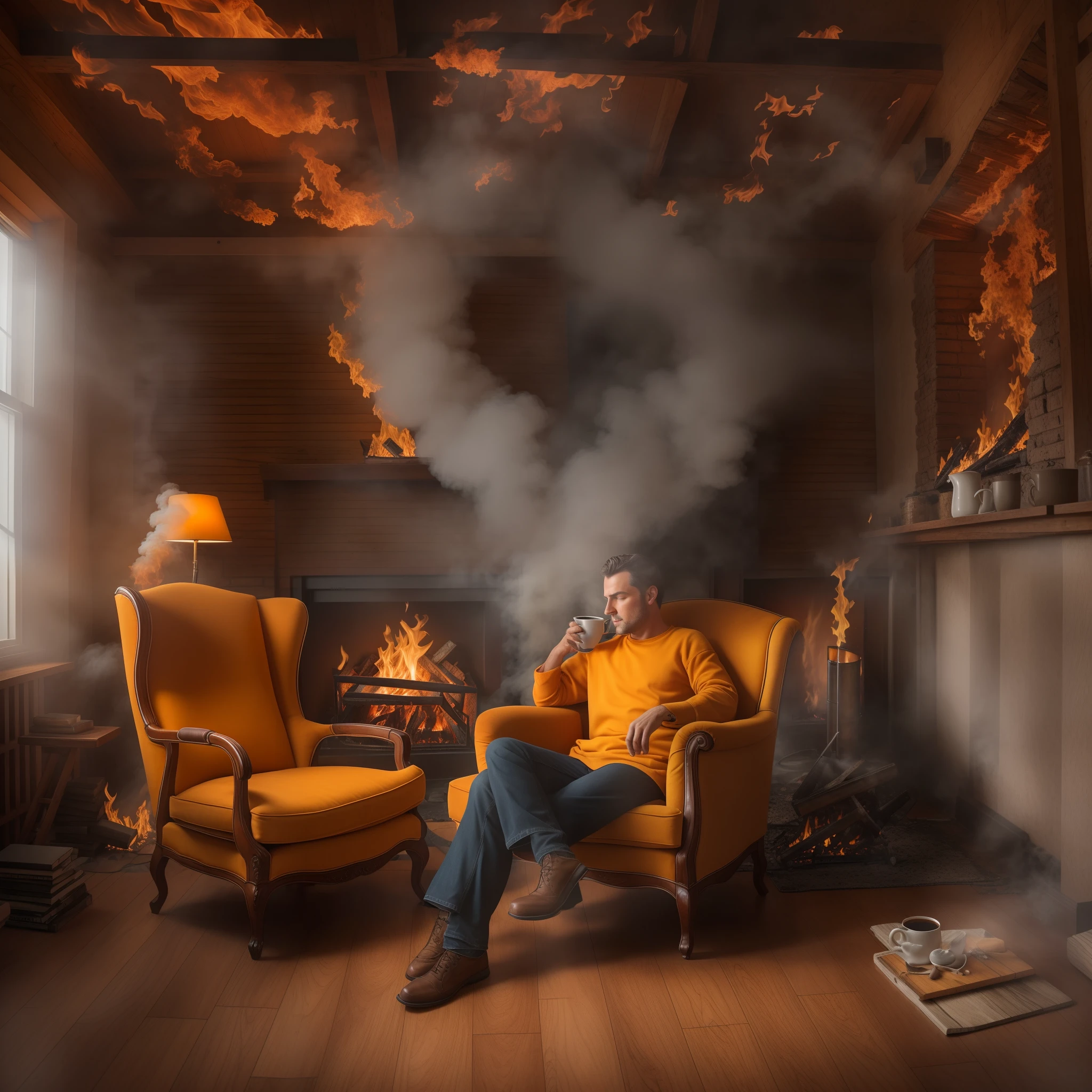 I'm sitting comfortably in a cozy armchair in the middle of a small living room, sunlight streaming in through the windows to my left. I calmly take a sip from a large, steaming mug of dark coffee as I enjoy a slow drag from a neatly-rolled joint held lightly between my fingers. The walls of the room are engulfed in bright, dancing flames, undulating oranges and yellows contrasting with the billowing clouds of thick gray smoke that fill the room. Oddly, neither the smoke nor heat seem to affect me in my chair. The fire crackles as it consumes the wooden walls and furniture, leaving glowing embers scattered across the floor. Yet I remain relaxed, at total peace in this fiery scene of destruction happening all around me. My focus is only on the rich taste of the coffee and the mellowing effects of the marijuana, oblivious to the raging inferno inches away.
