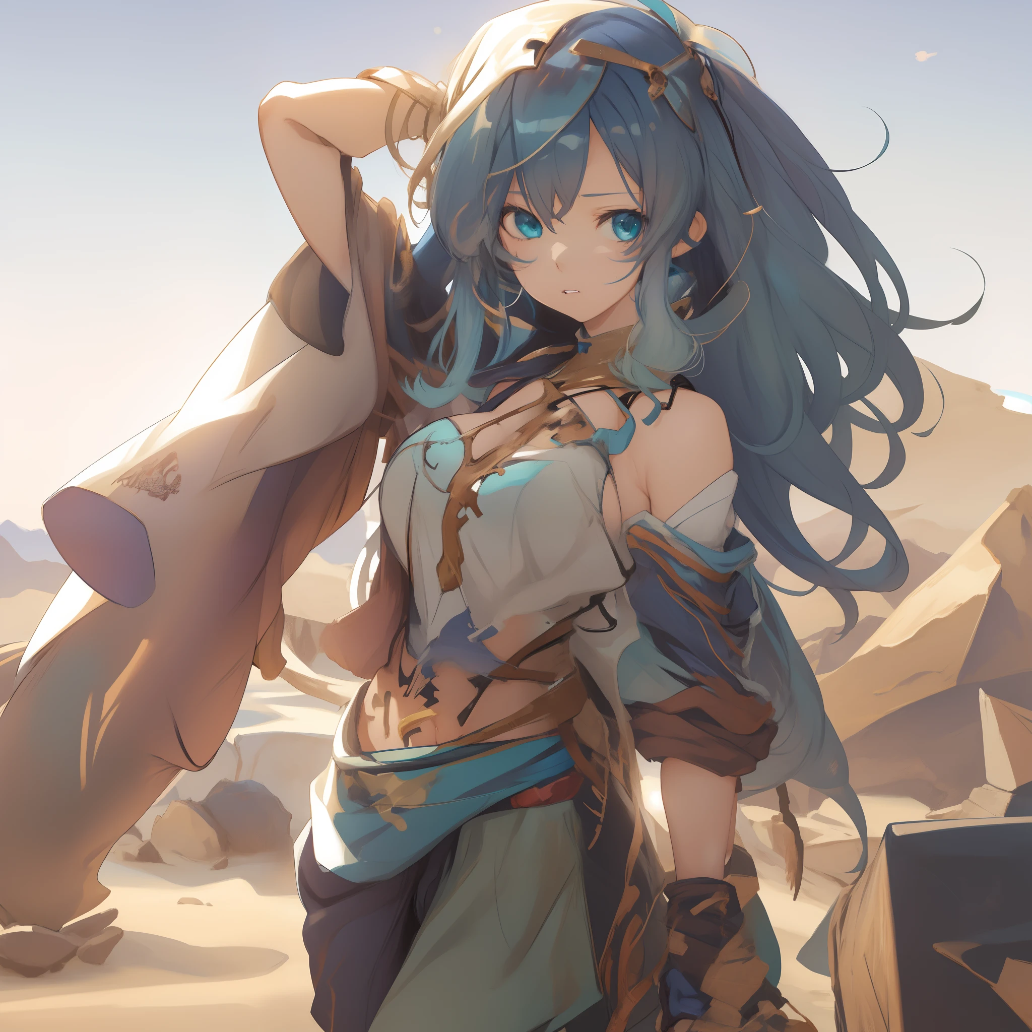 anime girl with blue hair and blue eyes in desert area, trending on artstation pixiv, extremely detailed artgerm, guweiz on pixiv artstation, guweiz on artstation pixiv, artgerm on artstation pixiv, detailed anime character art, anime girl with teal hair, artwork in the style of guweiz