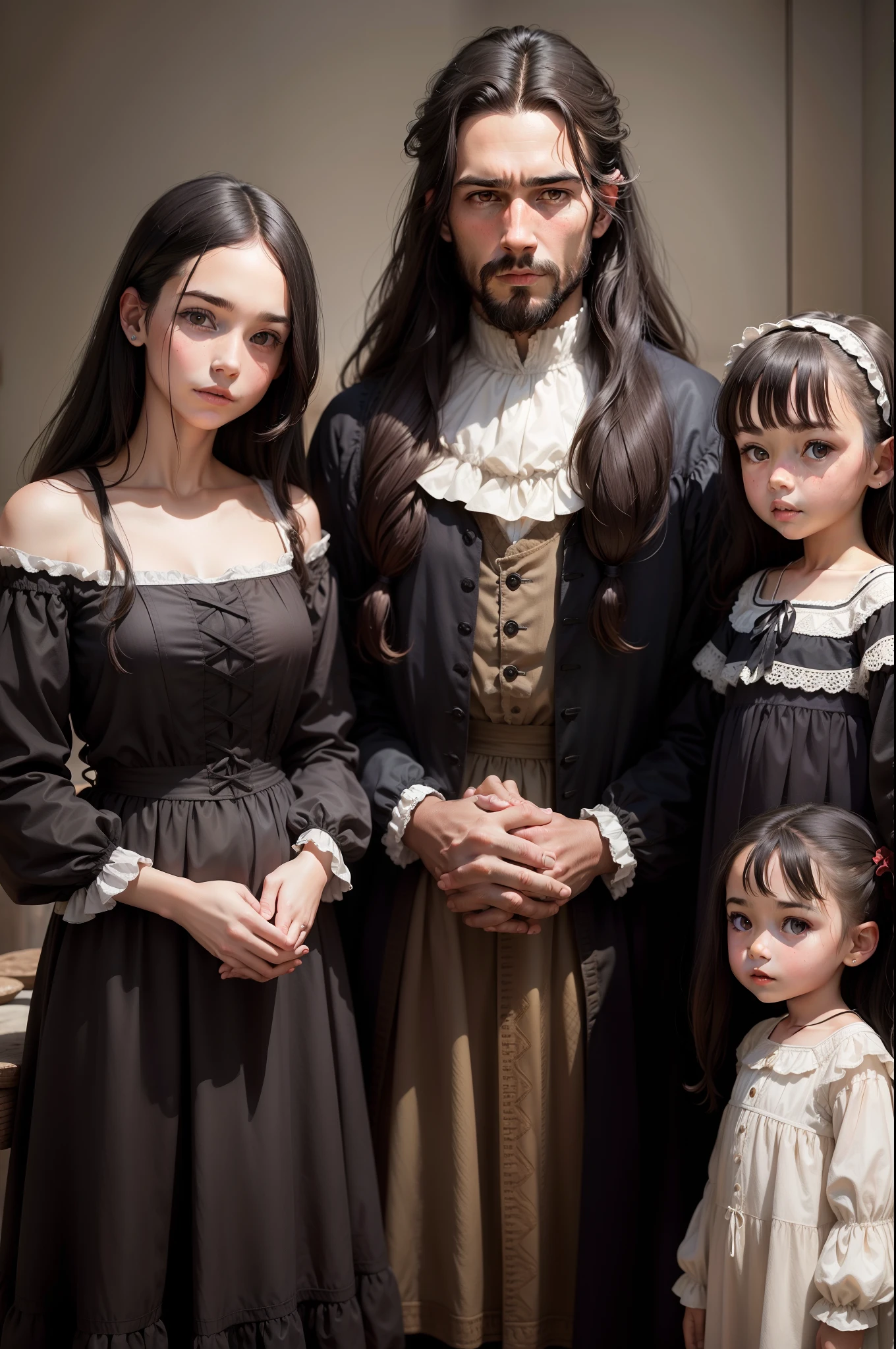 photo of a American family, man, woman with dark hair, two children, from the 1600s
