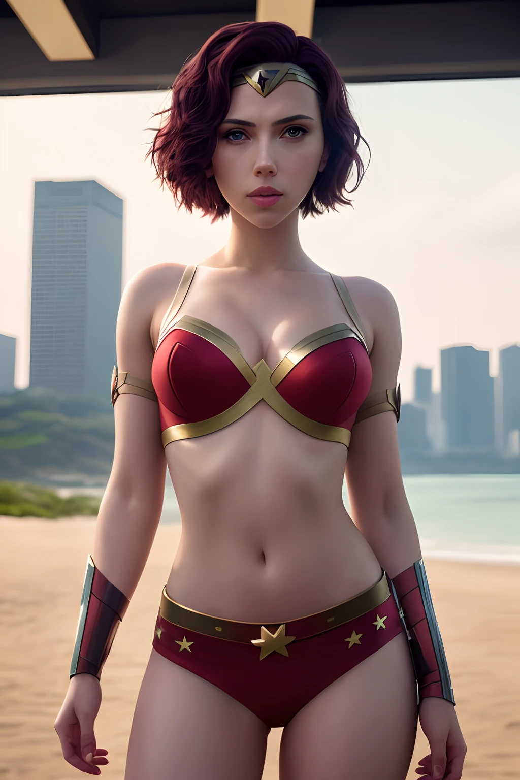 Scarlett Johansson, (bandage:1.3), beautiful body, beautiful breasts, shorts, cosplay Wonder Woman, shot on dslr, detailed face, cinematography, maximum details, neutral colors, hdr, muted colors, soft cinematic light, insane details, intricate details, hyperdetailed, masterpiece, 8k, wallpaper, (detailed), high quality, ((high detailed skin, skin details)), sharp focus, 8k uhd, dslr, film grain
