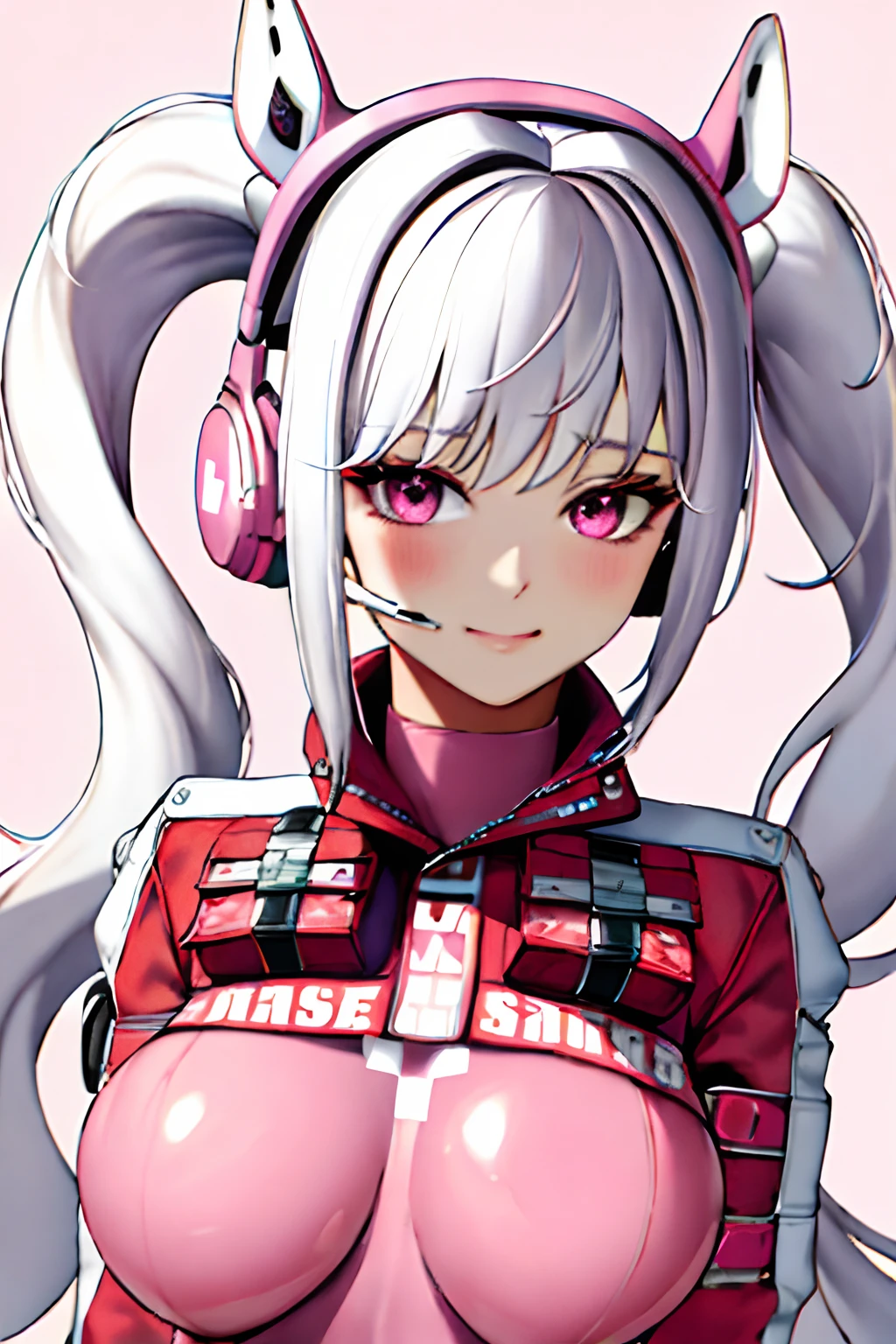 1girl, animal ears, bangs, blush, bodysuit, breasts, closed mouth, fake animal ears, gloves, headphones, headset, horse ears, impossible clothes, jacket, large breasts, long hair, long sleeves, looking at viewer, pink bodysuit, pink eyes, simple background, skin tight, smile, solo, twintails, upper body, very long hair, white background, white gloves, white hair,alice \(nikke\),(masterpiece:1.4),(best quality:1.4),(shiny skin),realistic