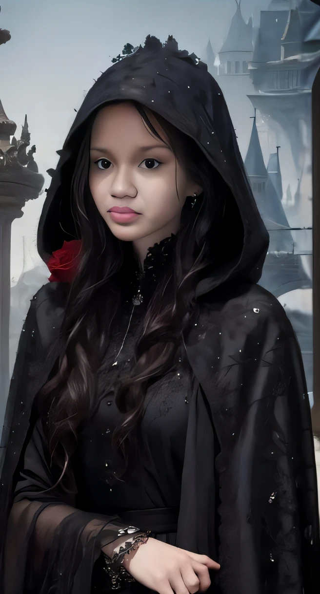 um close up de uma mulher com um manto preto e uma rosa vermelha, gothic princess portrait, vestindo um manto preto, Capuz redondo preto e capa, com uma longa capa preta, capa de romance de fantasia para jovens adultos, vestindo um manto preto, vestindo roupas pretas e capa, gothic wearing hooded dark cloak, Inspirado em Reyna Rochin, vestido com um manto preto