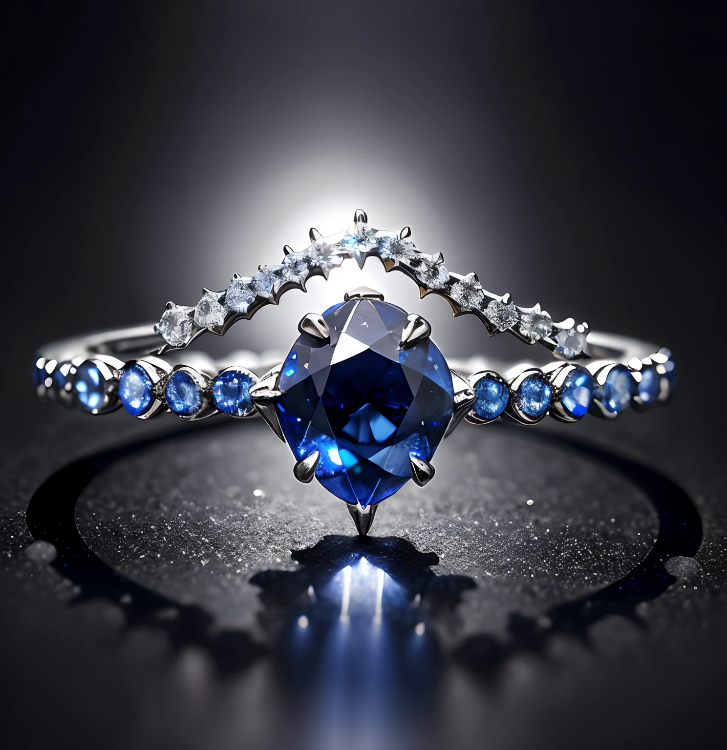 Blue diamond jewelry close-up,It is crowned at the top,Sapphire headdress and silver accents,Jewelry carved from precious sapphires,Sparkling sapphire diamond,Blue diamond crown,Crown decorated with blue gears and diamonds,Sparkling dark jewelry,Sapphire,Gradient sapphire,A brilliant magic ring with diamonds,At the top are shiny gemstones,Lively and agile