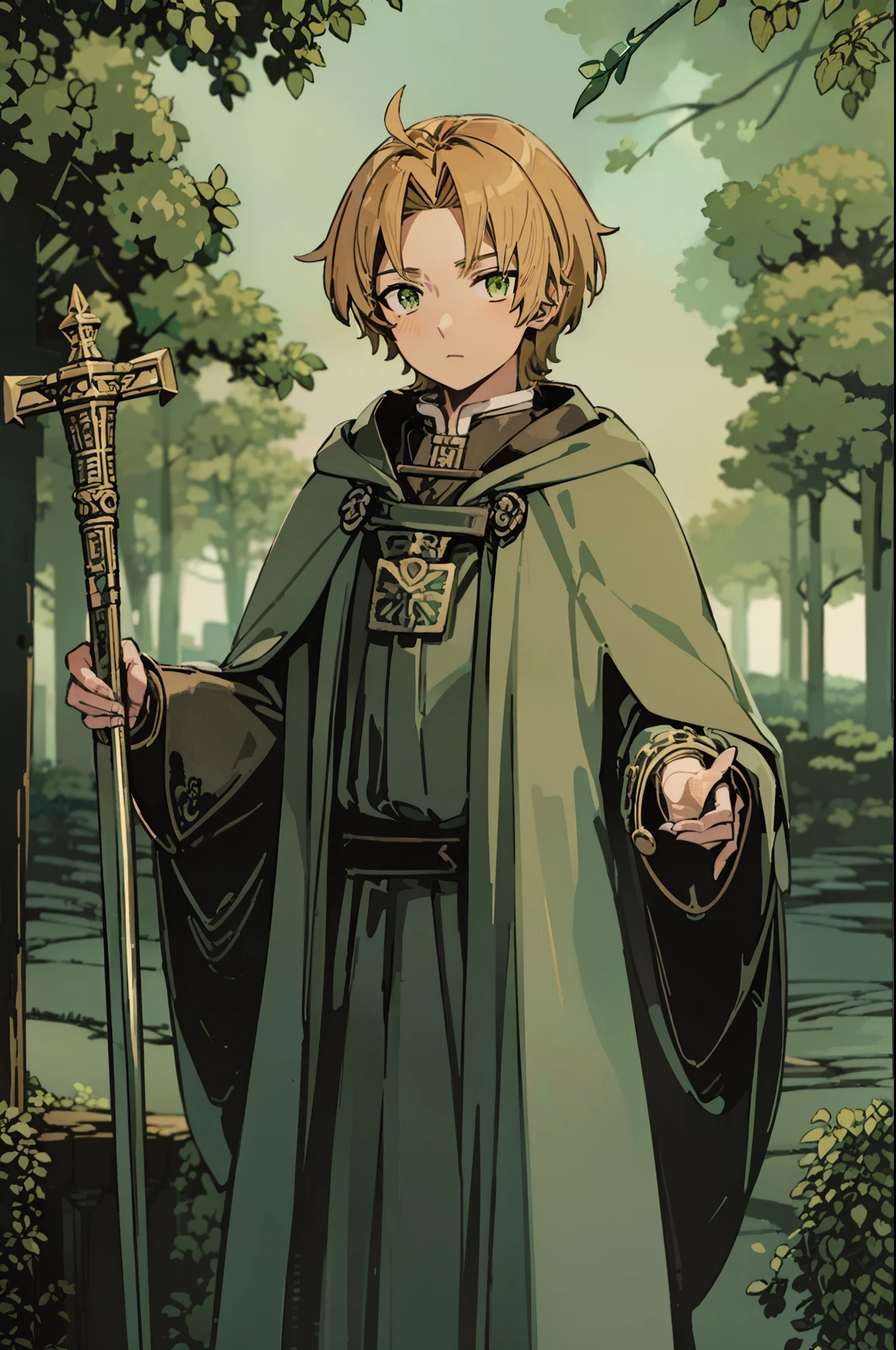 tarot card, 1boy, rudeus_greyrat, green eyes, blonde hair, the magician, man, mage, standing, robes, (holding magic staff), forest, upper body, ((masterpiece)) ((high detailed illustration)), ((detailed background)), ((hi-res)), realistic light, best quality, sharp, digital illustration, detailed, beautiful lighting