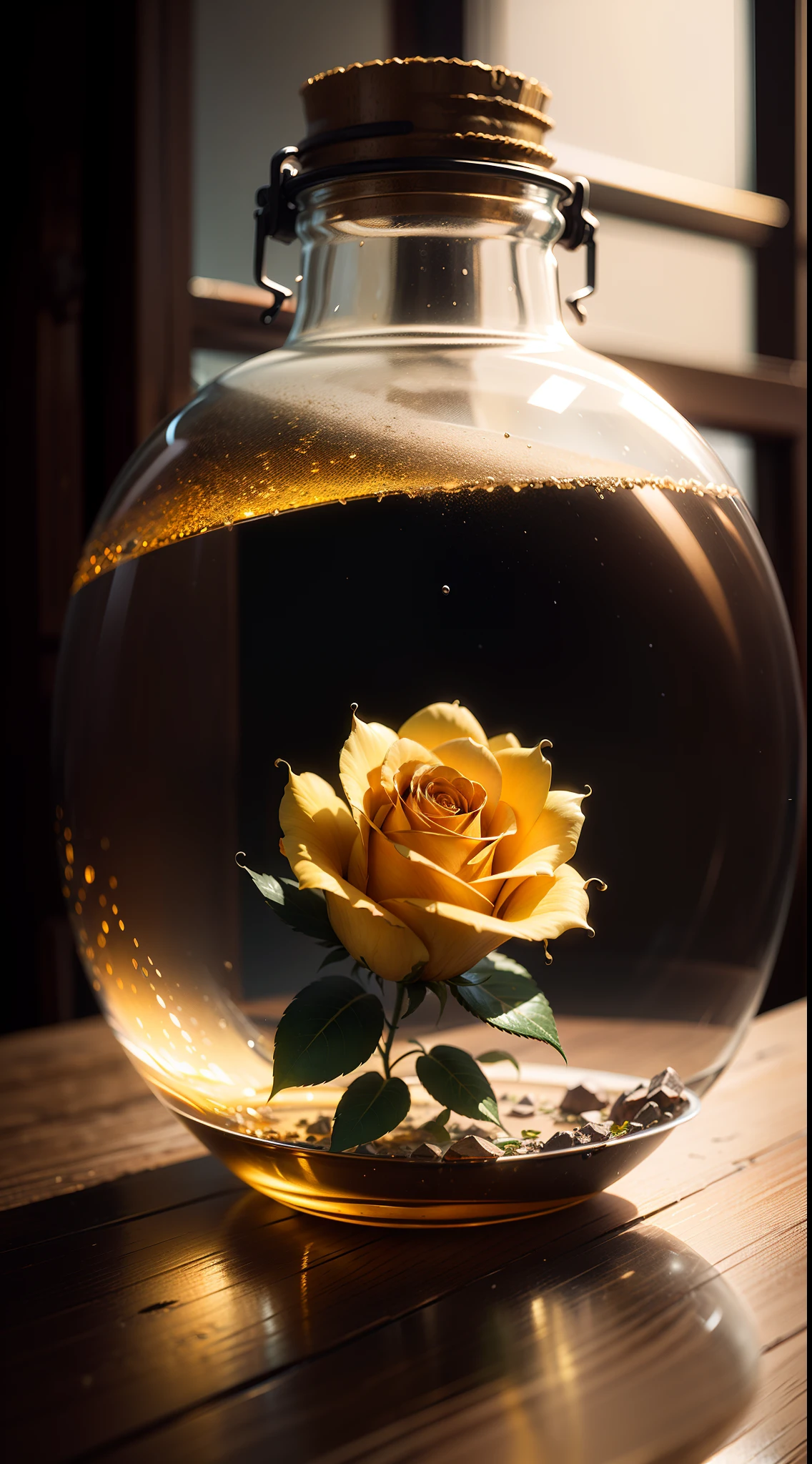 (concept-art), (Intricate golden roses,Trapped in a bottle), Biosymbiosis, Thick glass,Countless starlight,Weathered, Atmospheric Oliva lighting, On a table, 4K ultra HD, Dark vibes, ultra - detailed, vivd colour, Epic composition, rendering by octane, Sharp focus, A detailed, 复杂, (Reflectors, refractions, Caustics:0.6), (High resolution equidistance), 8K, hdr, realisticlying:1.4