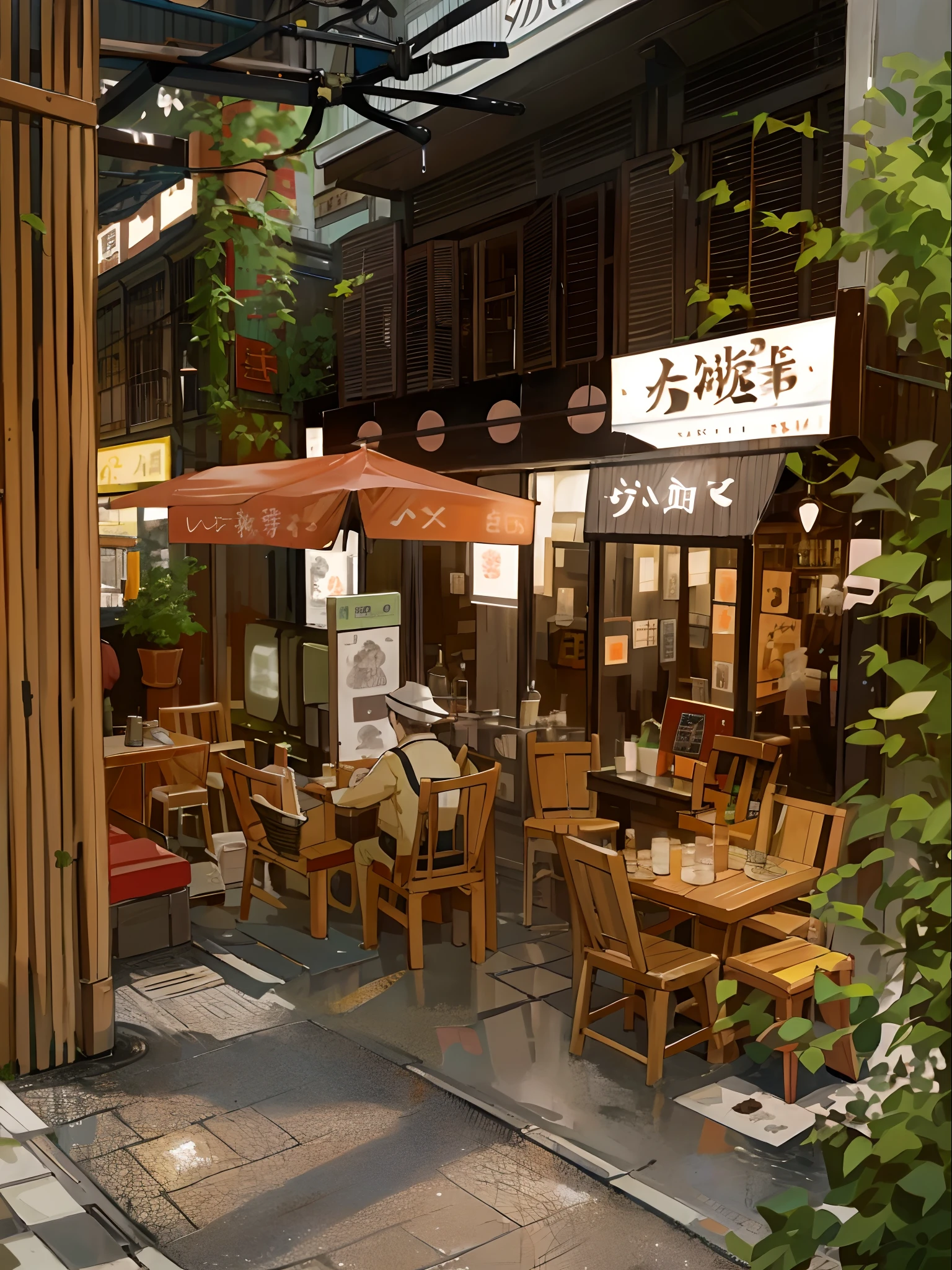 (tmasterpiece,best qualtiy),photore,If café,wet streets,um dia ensolarado,Small shop,busy street,nostalgia,hyper qualit,ultra - detailed