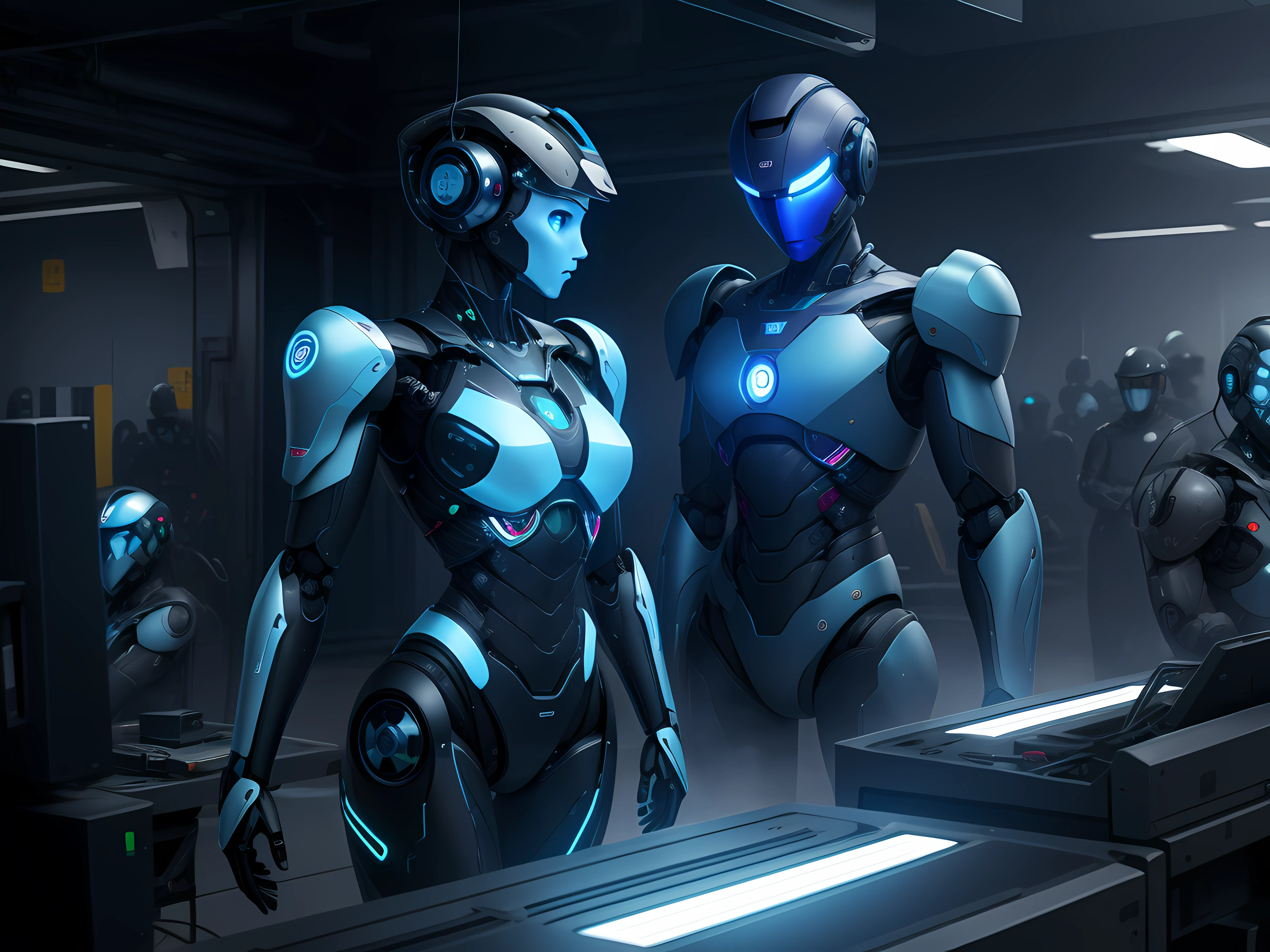Images of robots in human work environments, along with protests and debates about the ethics of AI. Hiperrealista, 8 K, en tonos azules, anaranjados, verdes, violetas.