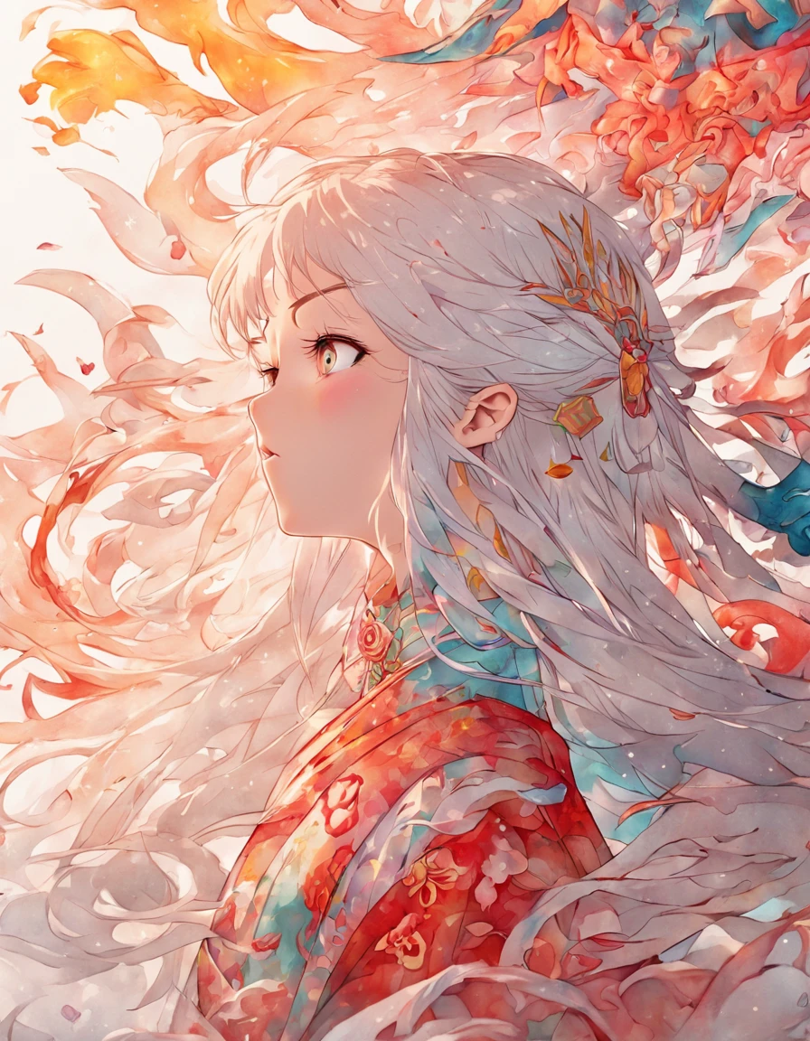 (White background:1.4),(Silhouette of a girl's head, Eyes closed, colorfull long hair, Oriental elements)，(Chinese illustration:1.3，paper art:1.3, Quilted paper art:1.2),( reasonable design, Clear lines, High sharpness,Best quality, Very detailed, Masterpiece, movie light effect, 4K )