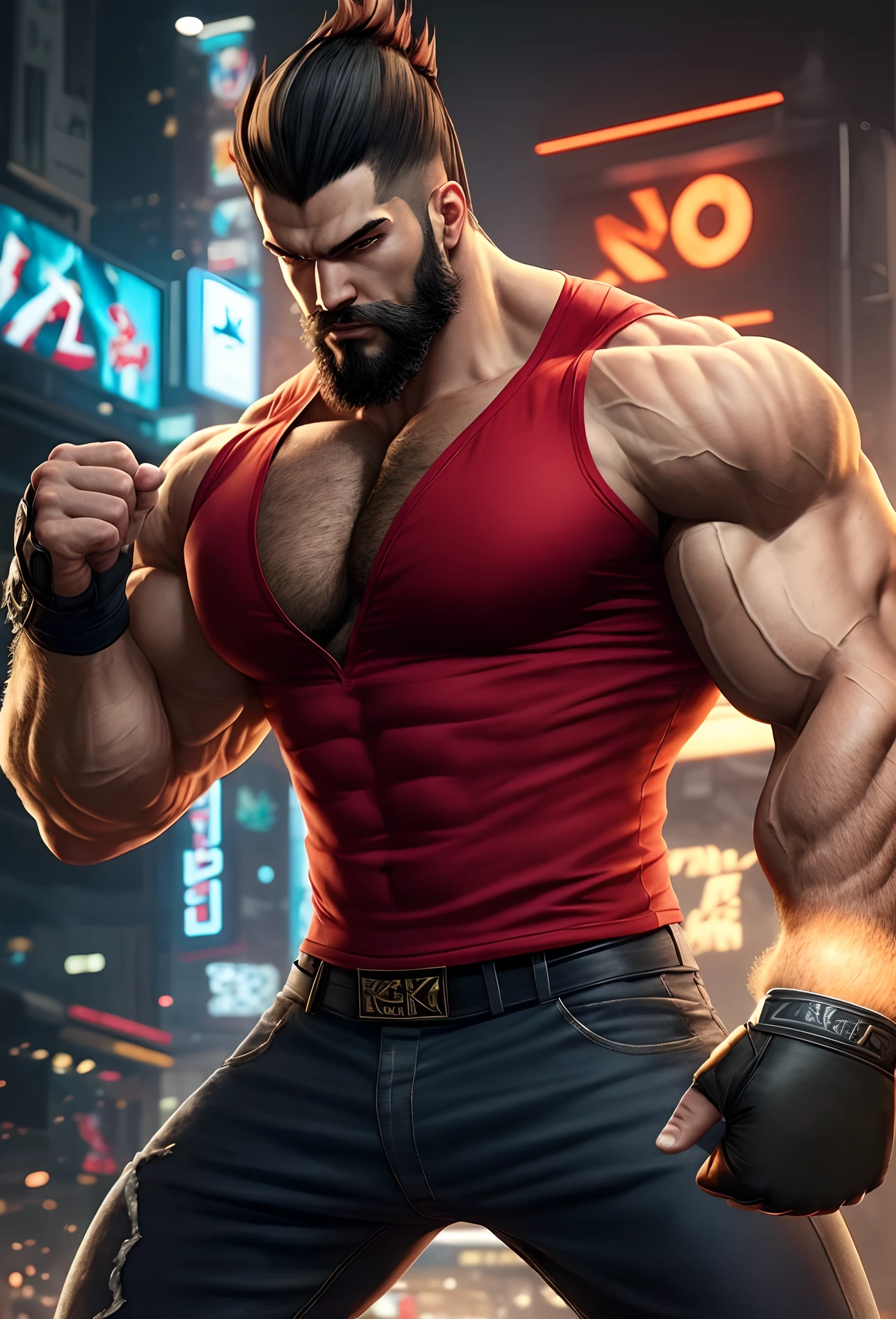 a cartoon of a man with a beard and a red shirt, muscular character, as a character in tekken, character from king of fighters, muscular characters, jake parker, muscular! cyberpunk, barret frymire, muscular male hero, fighting game character, fighting stance, powerful stance, strong and imposing, manly monster tough guy, heavy looking, portrait of rugged zeus
