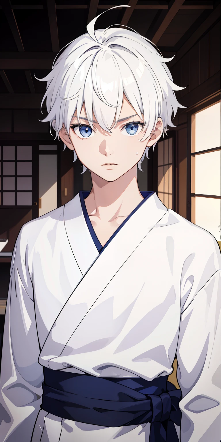 1boy, Glowing, side-lighting, the wallpaper,Masterpiece, Best quality, High quality,10yo,  Male focus, full bodyesbian, view the viewer, White hair,Pointy hairstyle, Short hair, Steam Smok, Japan style, anime coloring, Shy, Home MUJI style, Detailed face, Topless, White towel around the waist,White silk, En plein air, Sweat
