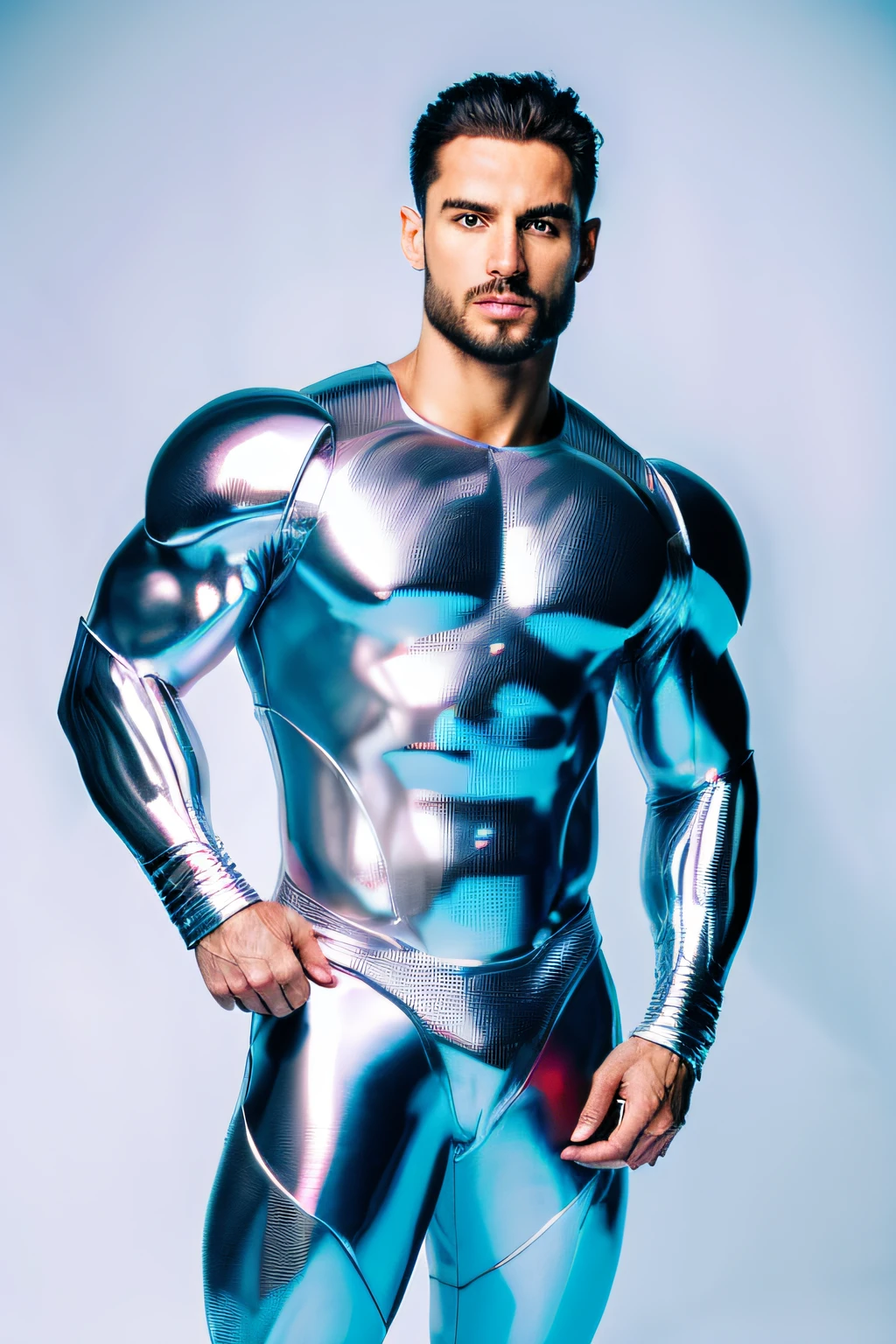 A man is Gigachad gonzalo gubero bobadilla muscular with shakira face handsome roman warrior , in A photograph of flat silver armor made of white titanium and some crystal , RGB LEDs Rainbow suit , Power Suit , gradient , elegant , for men , Modern minimalism , low poly lines , punk core , dreamy , Coloring , dystopia , divine , mysterious , Curved Pose , Posing , Po if fashion.