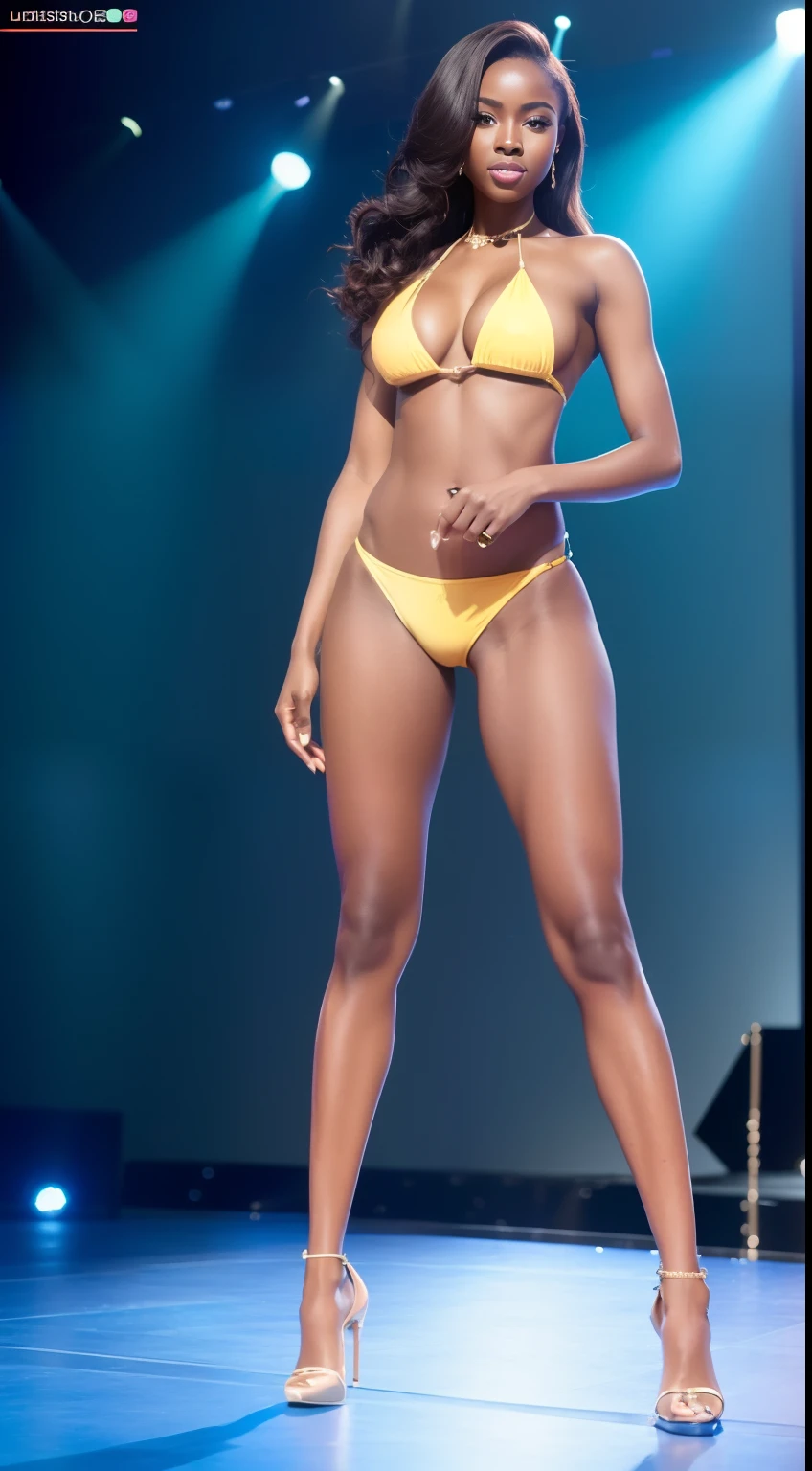 ((full body)), (8K, Best Quality, masterpiece), (Realistic, Photorealsitic), of the highest quality, masterpiece, Beautuful Ghanaian female, adult female, Miss Ghana, (((in bikini, thin abs))), (((on the stage))), Small bust, slender, wavy hair,