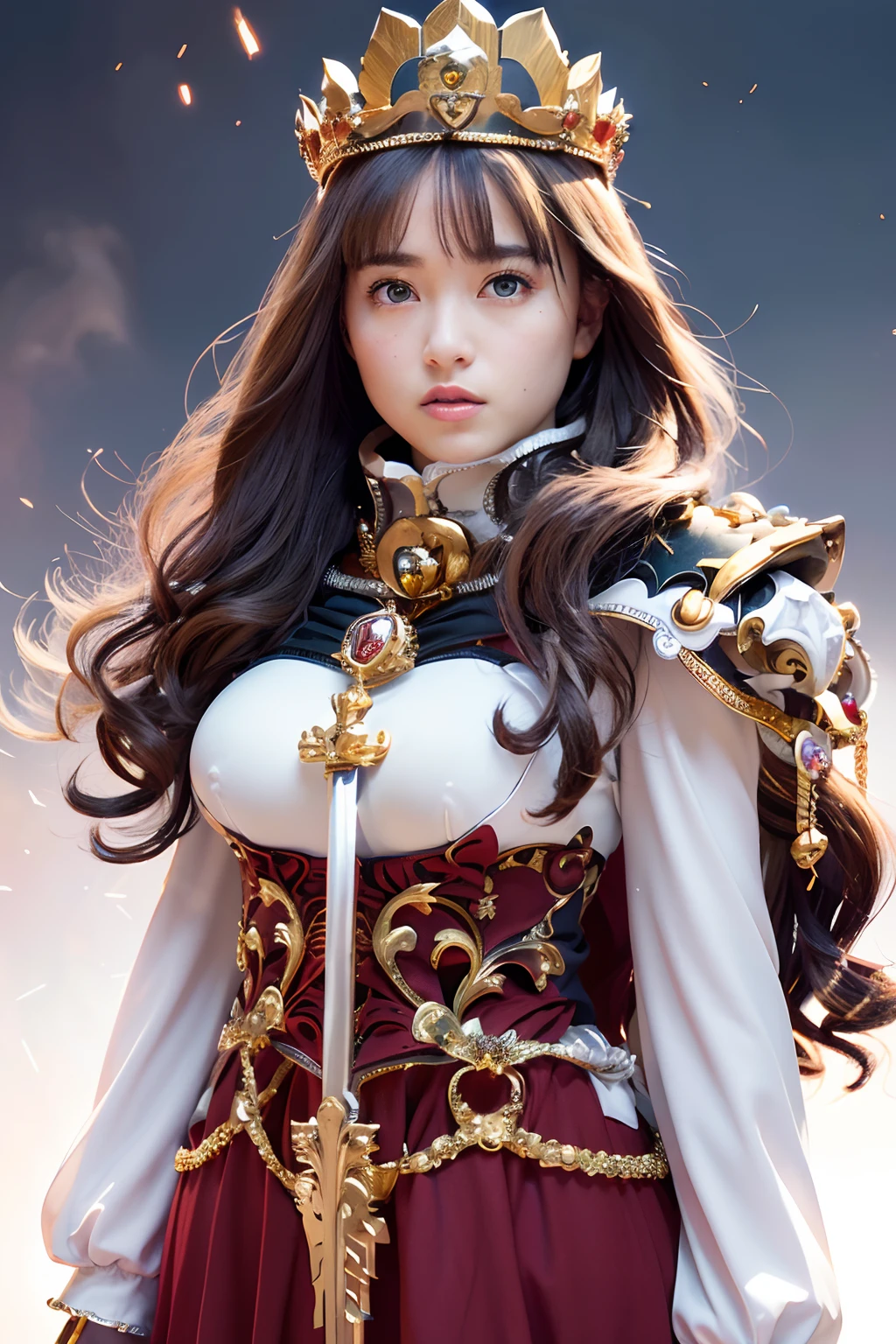 (masutepiece), Professional , masterpiece、top-quality、photos realistic , depth of fields ,(Wind element),close-up,dream magical,tornado,Lightning,(Gemstone Silver Jewel Body:1.9),(Matte White、Jewel Gold Weapon_(Metal:1.4),Gorgeous Jewel Metal Weapons , Detailed Sword of the Brave , Beautiful knife ,warhammer 40k , adepta sororitas,Detail and ornate jewel crown、Brown hair、Gangle's forest background、Beautiful Caucasian beauty、1a person、dynamic ungle,(((Detailed and ornate diamond crown)))、Particles of light、