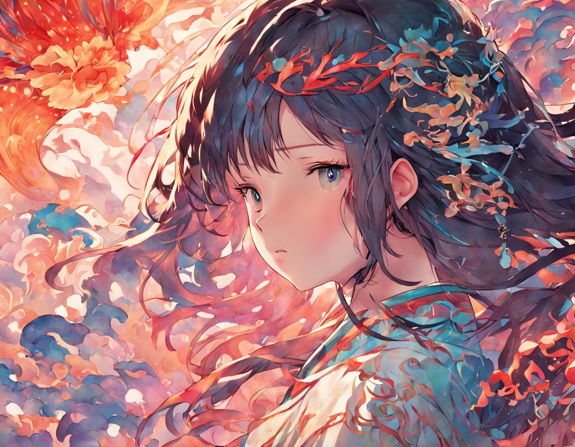 (White background:1.4),(Silhouette of a girl's head, Eyes closed, colorfull long hair, Oriental elements)，(Chinese illustration:1.3，paper art:1.3, Quilted paper art:1.2),( reasonable design, Clear lines, High sharpness,Best quality, Very detailed, Masterpiece, movie light effect, 4K )