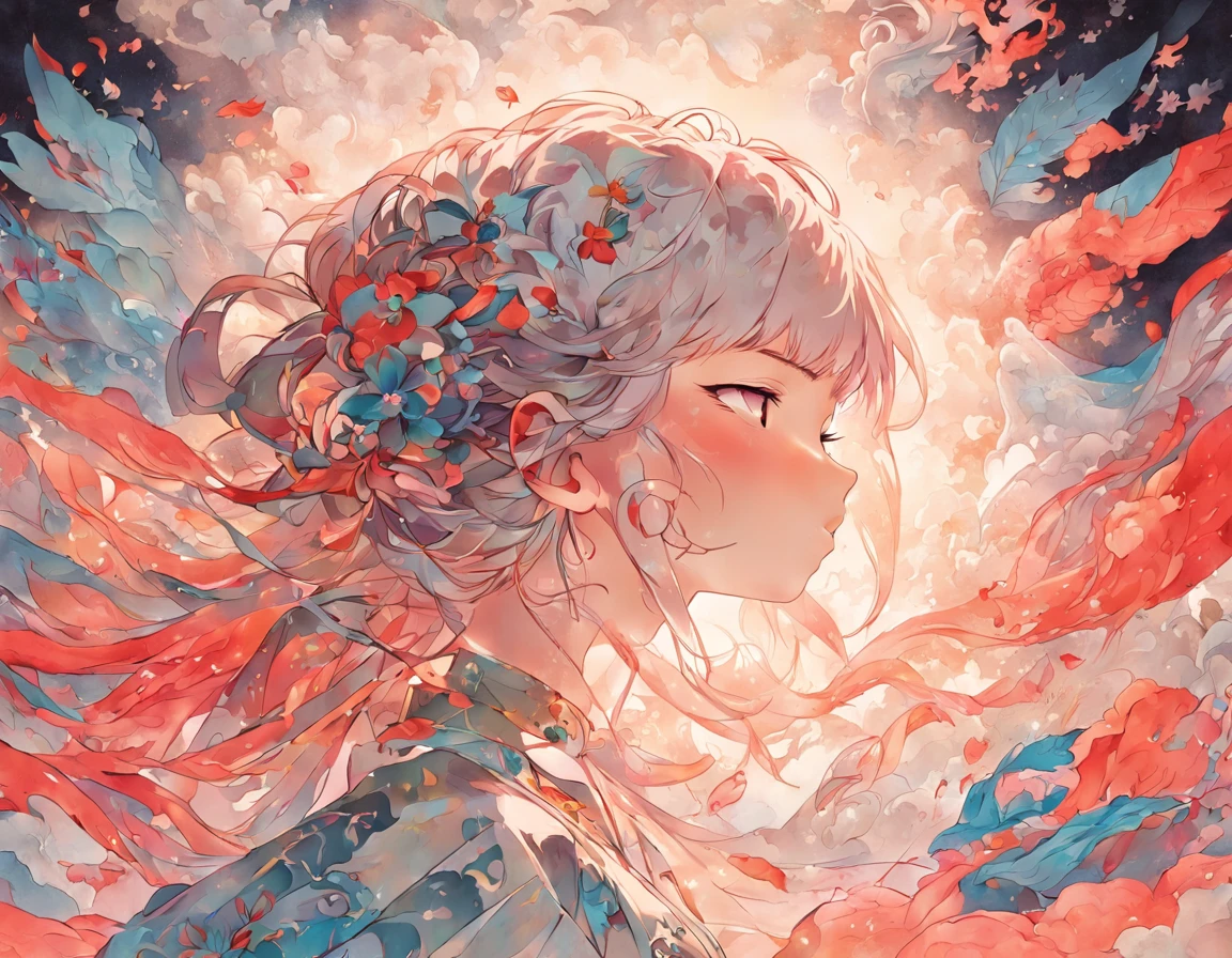 (White background:1.4),(Silhouette of a girl's head, Eyes closed, colorfull long hair, Oriental elements),(Chinese illustration:1.3,paper art:1.3, Quilted paper art:1.2),( reasonable design, Clear lines, High sharpness,Best quality, Very detailed, Masterpiece, movie light effect, 4K )