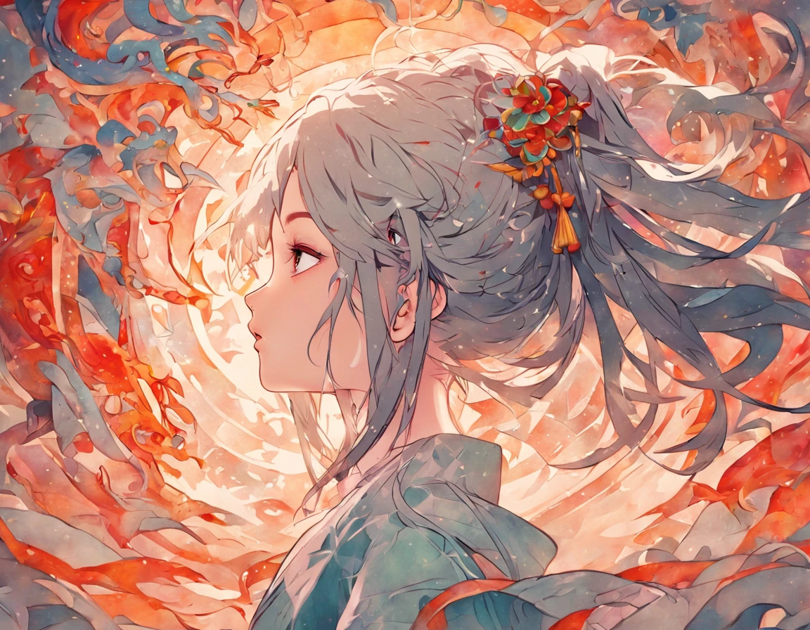 (White background:1.4),(Silhouette of a girl's head, Eyes closed, colorfull long hair, Oriental elements)，(Chinese illustration:1.3，paper art:1.3, Quilted paper art:1.2),( reasonable design, Clear lines, High sharpness,Best quality, Very detailed, Masterpiece, movie light effect, 4K )