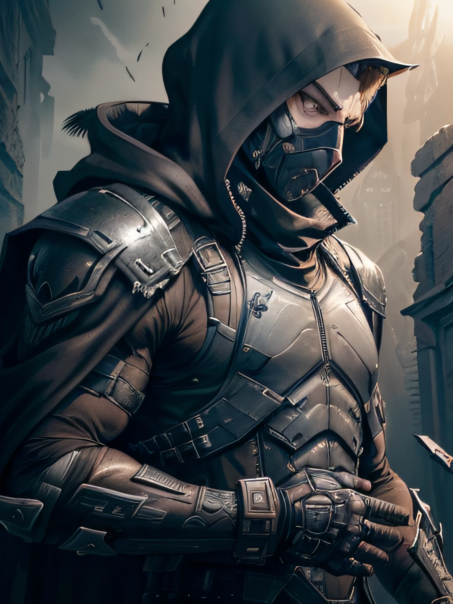 (extremely detailed CG unity 8k wallpaper), (masterpiece), (best quality:1.2), (highres), (illustration:1.1), (cinematic light:1.1), finely detailed, intricate details, (best illustration), 8k resolution, intricate details, best quality, realistic, ultra-detailed, best illumination, best shadow, ultra-HD, cryengine, ultra hd, (detailed reflection), detailed shadows, (((intricate details))), smooth, ((perfect shading)), high quality metal texture, metallic luster, highly detailed illustration, (semi realistic:1.6), (wide_shot:1.2), (from below, dutch_angle), dutch angle, ((cowboy shot)), (((1male:1.5))), (with sword), (((athletic male))), ((manly:1.5)), ((half-closed eyes)), (grey eyes), very detailed face, (((short slicked back hair:1.1))), ((black clothes)), ((high quality black tactical gear, black tactical vest)), clothes flapping with wind, (urban_tech-wear + black_gloves), (((hoodup))), (stalker \\(warframe\\), ((beautifully detailed metallic black skull mask)), ((intricate beautifully detailed jackal_skull_mask)), ((tactical vest + tactical gear)), (survival gear), black clothing, tall boots, (long black coat), (((wearing highly detailed torn black cloak))), perfect hands, archangel, demi-demon, complicated background, dynamic camera angle, blood rain behind, (warzone), (((high quality detailed ruins))), (depth of field), ((cinematic lighting)), ((horror)), ((dark fantasy)), lovecraftian, spot color, monotone, red, splashing blood, (best illumination), (hyper intricate details), ((ultra-detailed)), 4k unity, (extremely detailed CG:1.2), (8k:1.1), ((landscape view)), Artstation, ((by sui ishida, by Wenjun Lin, by stefan morrell)), dystopian art, apocalypse art, ((semi-realistic)), (realism), (dynamic), (nixeu_basic2:0.5),