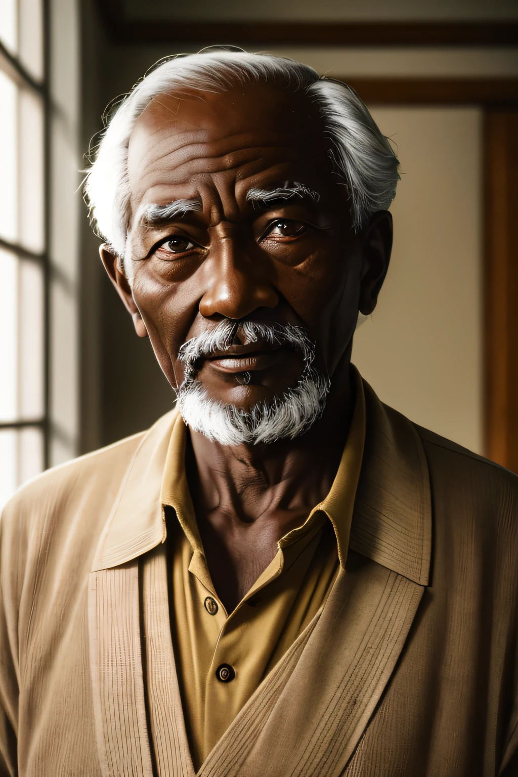 film grain, photographed with a Sony a9 II Mirrorless Camera, analog style, beautiful, masterpiece, best quality, aamari, a old man with elegant dress is looking at the camera, very dark skin, extremely detailed face, bust shot, perfect lighting --auto