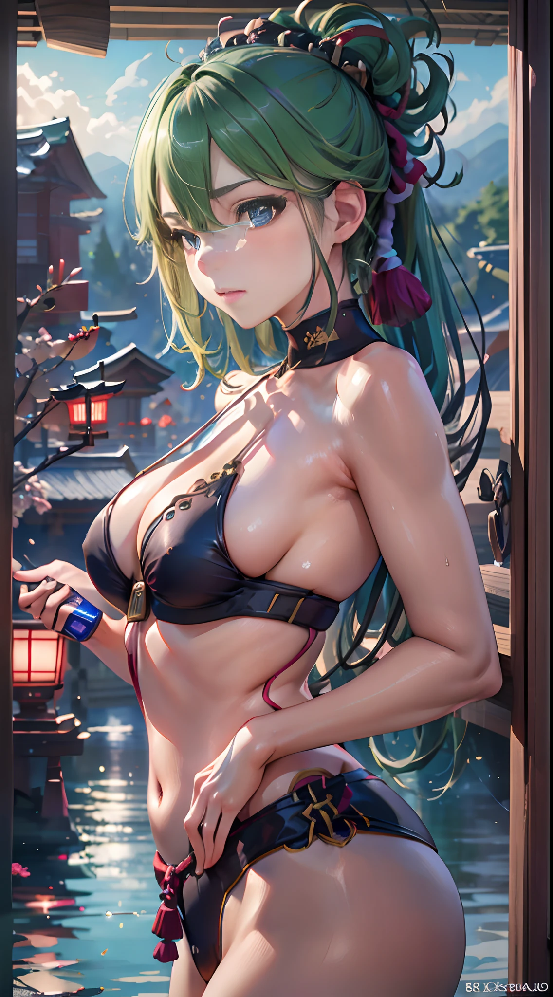 Whole body, (NSTDA.:1.2), (10, beste-Qualit, master-piece: 1.4), ultra-high resolution, (lifelike, photorealistic portrait: 1.48), 20 age, Cute Girl, Beautiful girl striptease, , Famous Japanese actors, Blue Eyes, Head tilt, cowboy shot, from the front, looking at the audience, expressionless, Beautiful lake, Zeiss 150mm F/ 2.8 Hasselblad, In Japanese shrines, Whole body, foot, Ultra-Wide Angle