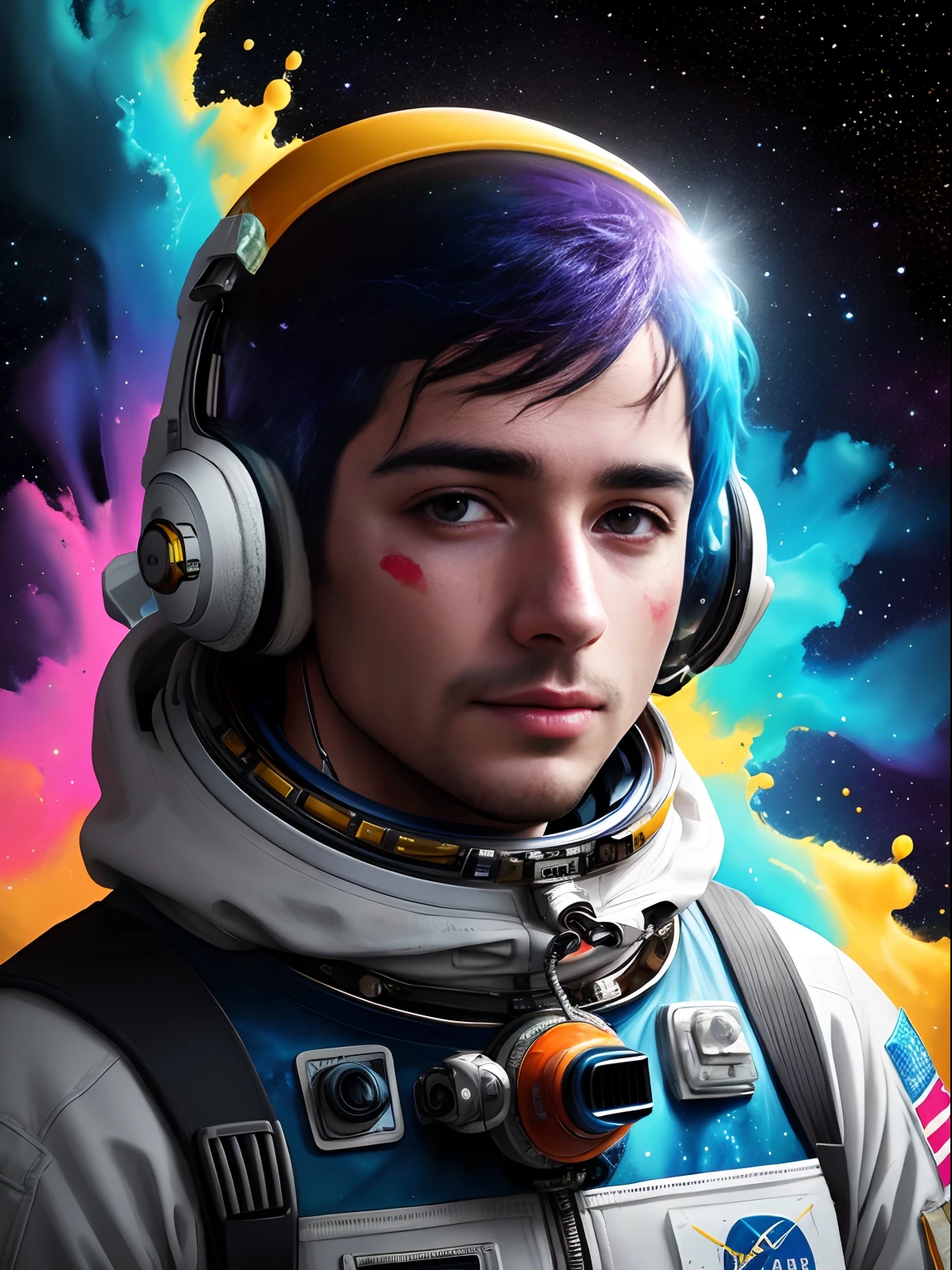 confused astronaut in space, outer space, galaxy, a colorful and fantastic place. alberto seveso art, colourful, water ink, ink water, ink cloud, alberto seveso art, loose painting style, intricate detail, perfect face, cinematic lighting, octane render, 8k render, volumetric lighting