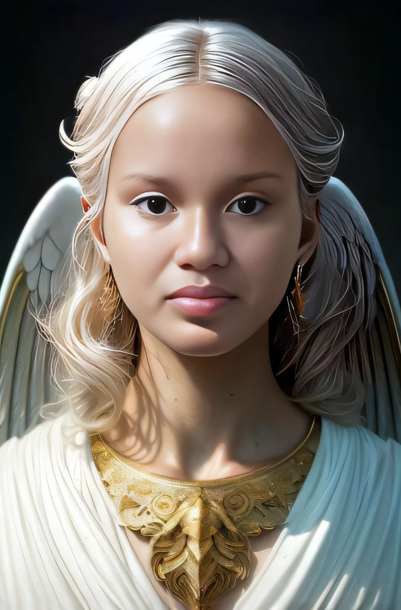 um close up de uma mulher com um colar e asas de anjo, Retrato de um anjo bonito, angelic face, finely detailed angelic face, biblical accurate angel, retrato bonito da menina do anjo, anjo feminino bonito, anjo bonito, Retrato da deusa 3D, escultura realista de 8k bernini, anjo biblicamente preciso, deusa. Detalhes extremamente altos, de uma menina anjo bonita, de anjo lindo
