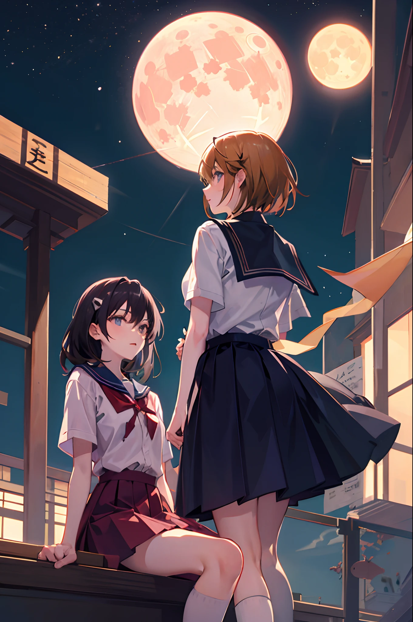 girls，asuka，Evangelion，Real Human，Under the night sky, the sky is full of stars，Back，Japan School Uniform，Sit on the edge of a tall building，Full moon，