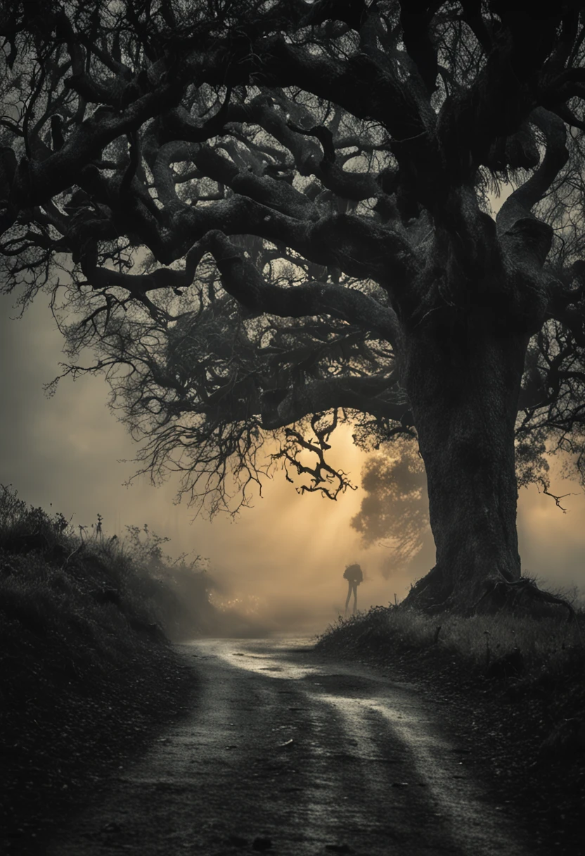 "Crie uma imagem de uma paisagem noturna com uma estrada assustadora iluminada por postes levemente amarelados, with gnarled trees and a strange mist gathering around. Convey a sense of mystery and suspense, with shifting shadows and an indistinct figure in the distance."