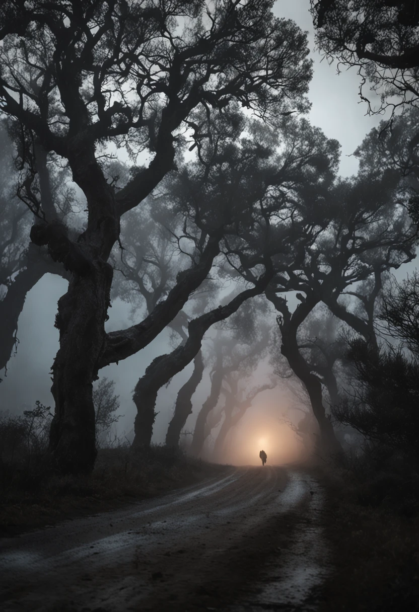 "Crie uma imagem de uma paisagem noturna com uma estrada assustadora iluminada por postes levemente amarelados, with gnarled trees and a strange mist gathering around. Convey a sense of mystery and suspense, with shifting shadows and an indistinct figure in the distance."