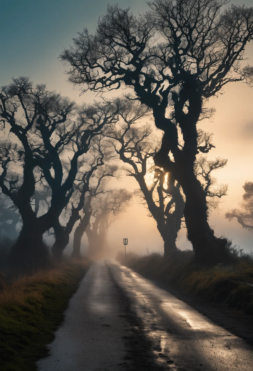 "Crie uma imagem de uma paisagem noturna com uma estrada assustadora iluminada por postes levemente amarelados, with gnarled trees and a strange mist gathering around. Convey a sense of mystery and suspense, with shifting shadows and an indistinct figure in the distance."