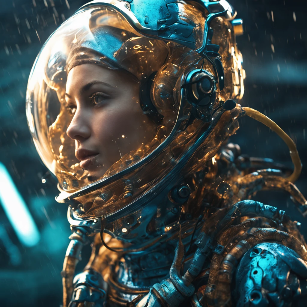 woman in an underwater spacesuit, (luminous deep sea creatures around her:1), best quality, sunlight, detailed face, gorgeous eyes, realistic skin details, high quality, seen from below, romantic, high quality, film grain, Cinematic Light, sidelighting, sharp focus