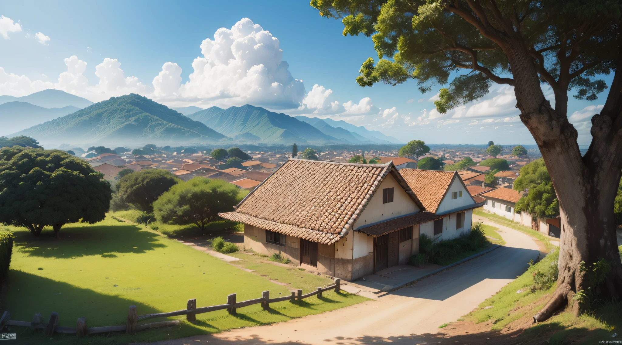 (Landscape of the old gaucho city), desenhos animados, casa brasileira, estrada, curva, casa pequena, tree, poste, nuvem branca, paisagem, ao ar livre, green trees, Epic composition, lifelike lighting, high-definition detail, obra-prima, a melhor qualidade, (muito detalhado CG unificado papel de parede 8k), --v6