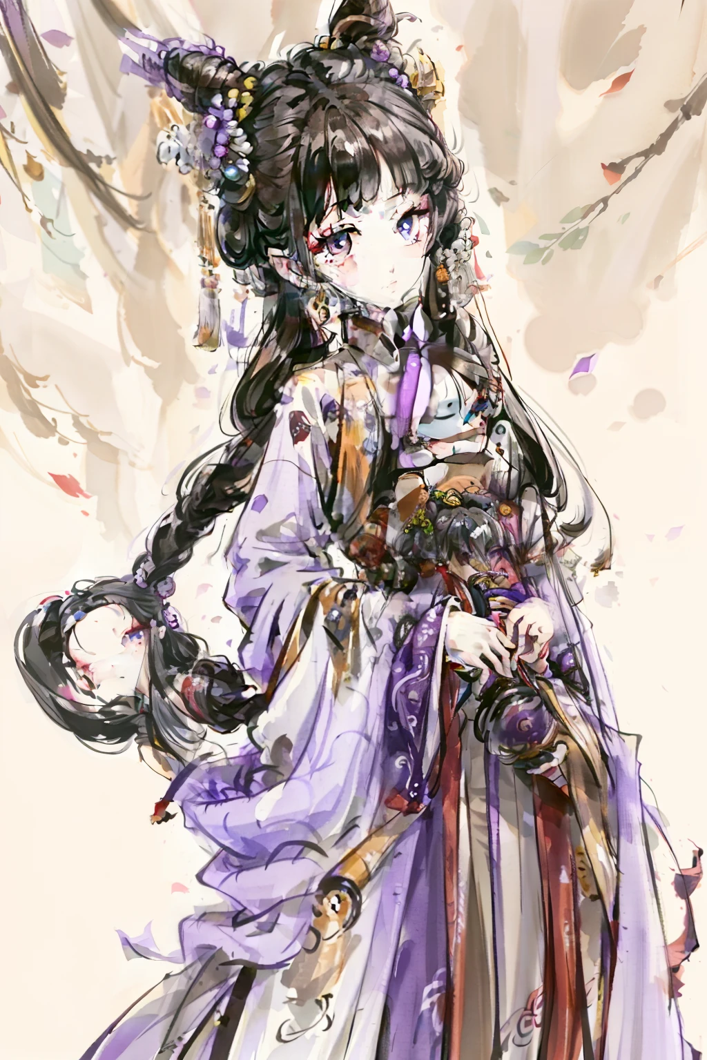 Standing painting，full bodyesbian，younge boy，grey long hair，Purple eye，middle parted bangs，Half-braided Chinese-style clothes，Hanfu，paleskin