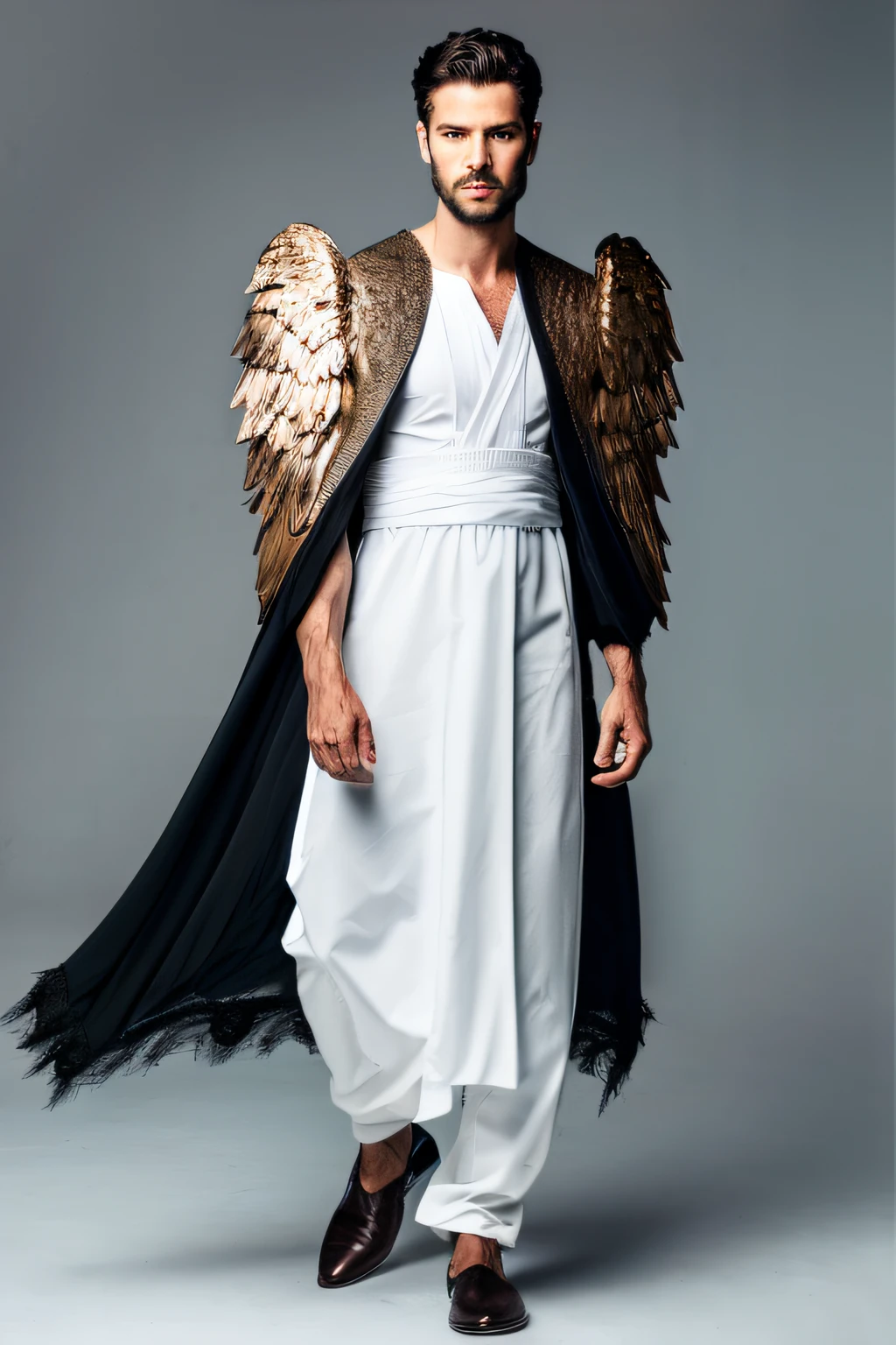 Man with large wings of white feathers on the back, Wearing Tunic, Angel of the Mysteries, dark background with gray half light, Magician, large wings, Sean O'Pry, wearing short black beard, wearing Golden Crown, focus on the details of the face, serious and attractive man, wearing white tunic, magical and royal effect, movie cover, powerful celestial warrior, similar to model Sean O'Pry, Dark black image background, (8k, RAW photo, best quality, masterpiece: 1.2), (realistic, realistic photo: 1.37), professional lighting.