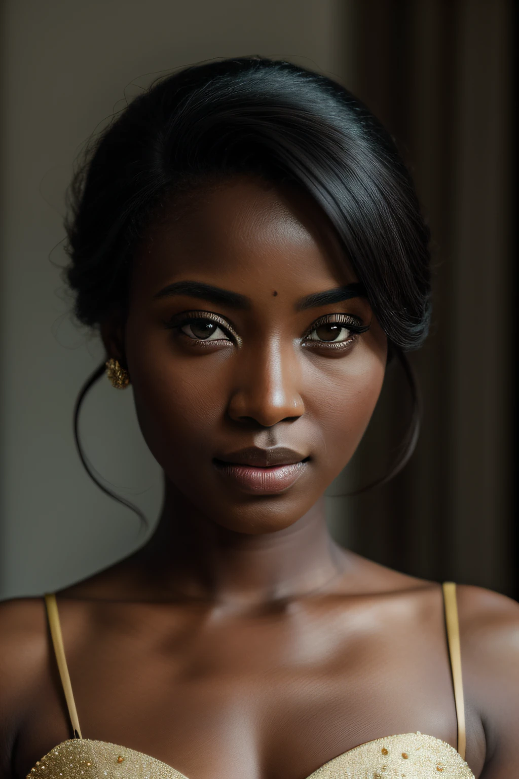 film grain, photographed with a Sony a9 II Mirrorless Camera, analog style, beautiful, masterpiece, best quality, aamari, a woman with elegant formal dress is looking at the camera, very dark skin, extremely detailed face, bust shot, perfect lighting