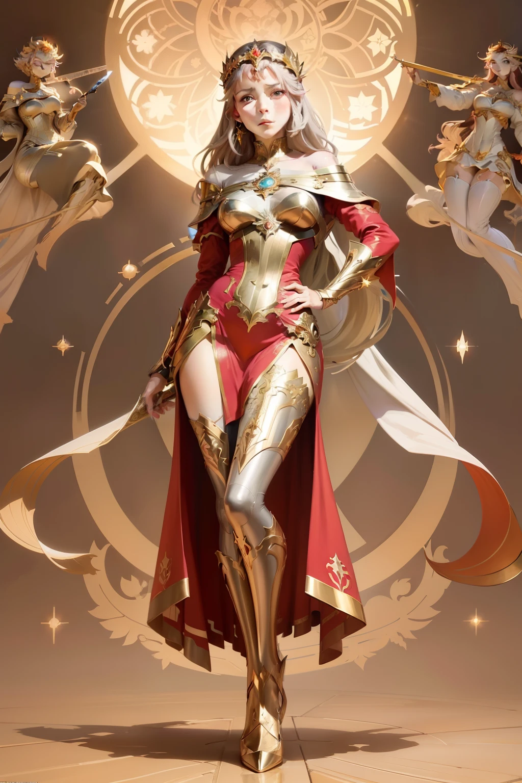 arafed image of a woman with a star in her hands, alphonse mucha and rossdraws, mucha style 4k, artgerm mucha, korean art nouveau anime, portrait knights of zodiac girl, goddess. extremely high detail, anime fantasy illustration, detailed digital anime art, gorgeous goddess of leo, anime art nouveau, talor liner, stick liner, clear line. perfect post leg and shose. backgourd no face. red gold outfit