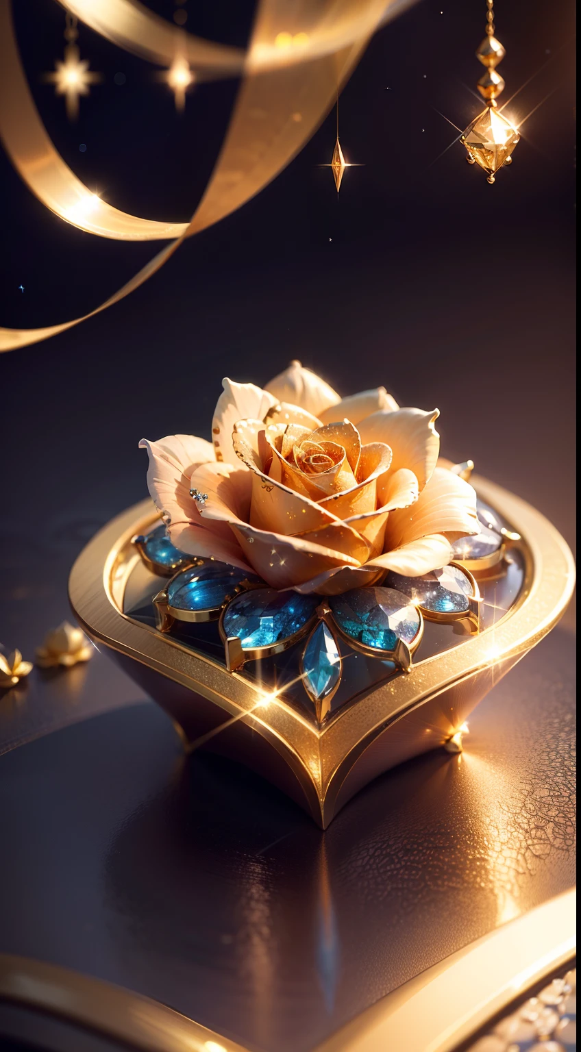 isometric design,A rose made of gold and diamonds,Twinkle,Suspended on one side of the lake,There are rainbows and starlight in the sky,mini sence,adolable,dream magical,Incredibly detailed background,Detailed items,brightened light