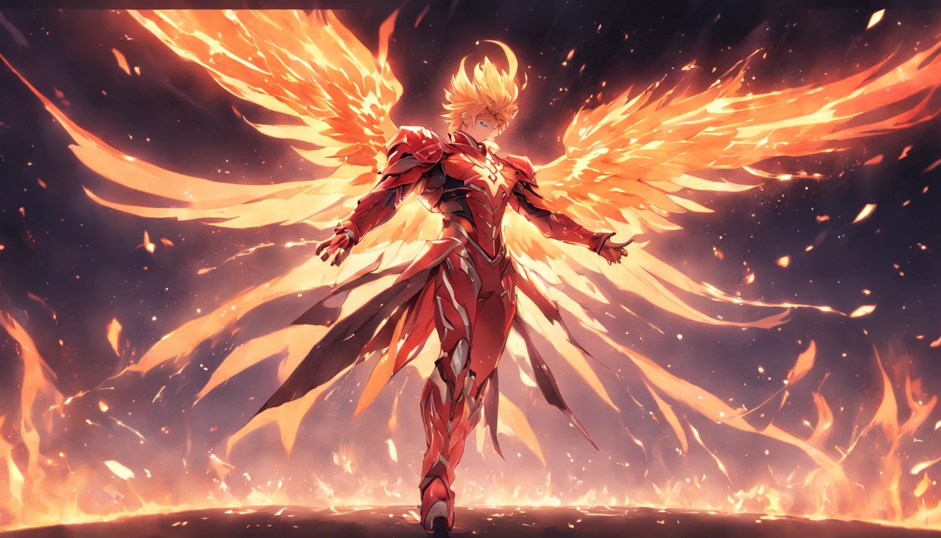 Iggy of Phoenix, 1 man, Phoenix Night , Anime Zodiac Knight , Anime Seiya, Fancy image, Phoenix knights walking in flames, The phoenix bird covers its wings behind the knight, Perfect Phoenix Armor