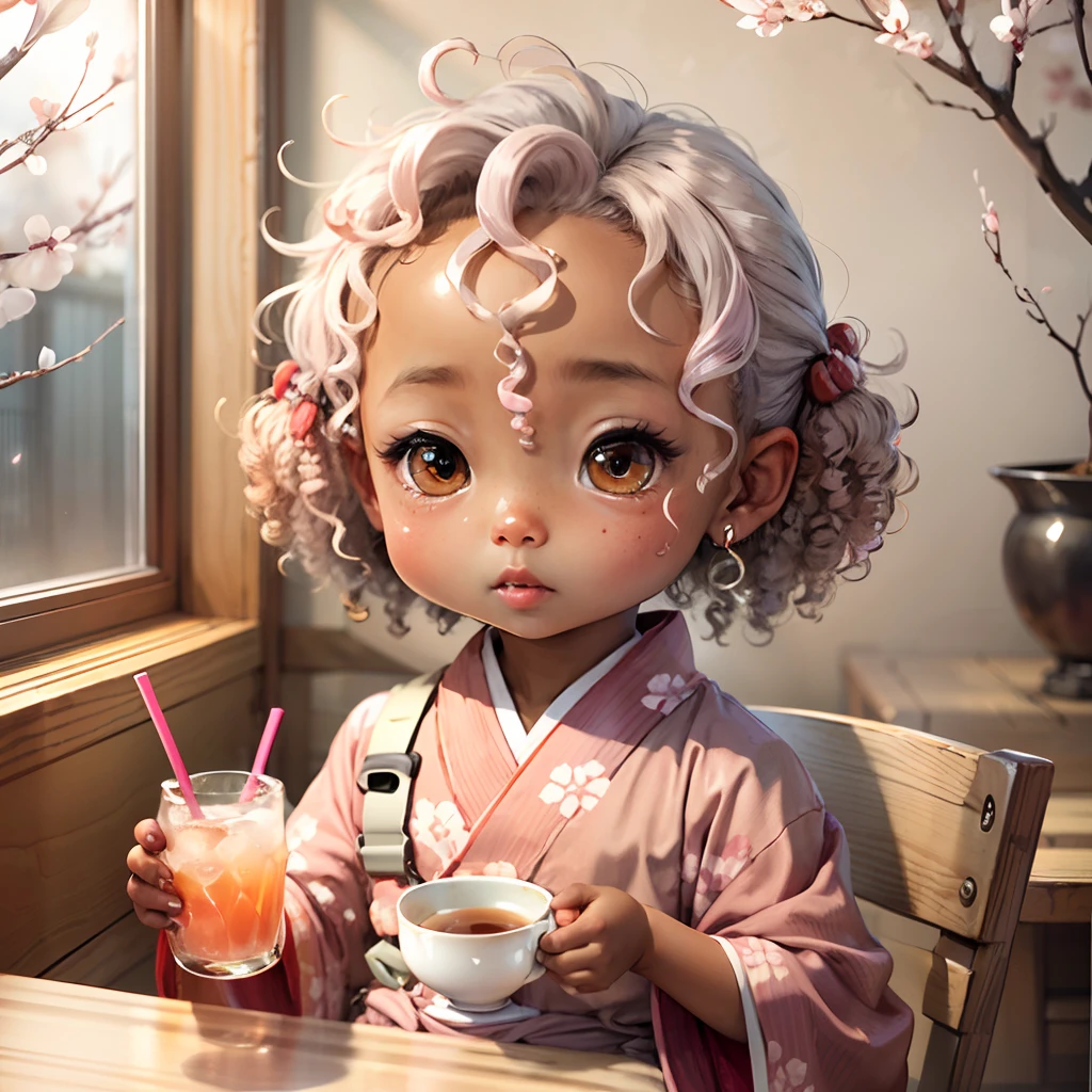 Cute brown skinned baby chibi anime, with freckles,white and pink kimono, drink tea, curly grey hair, in a frame, drink hot tea, cherry blossom