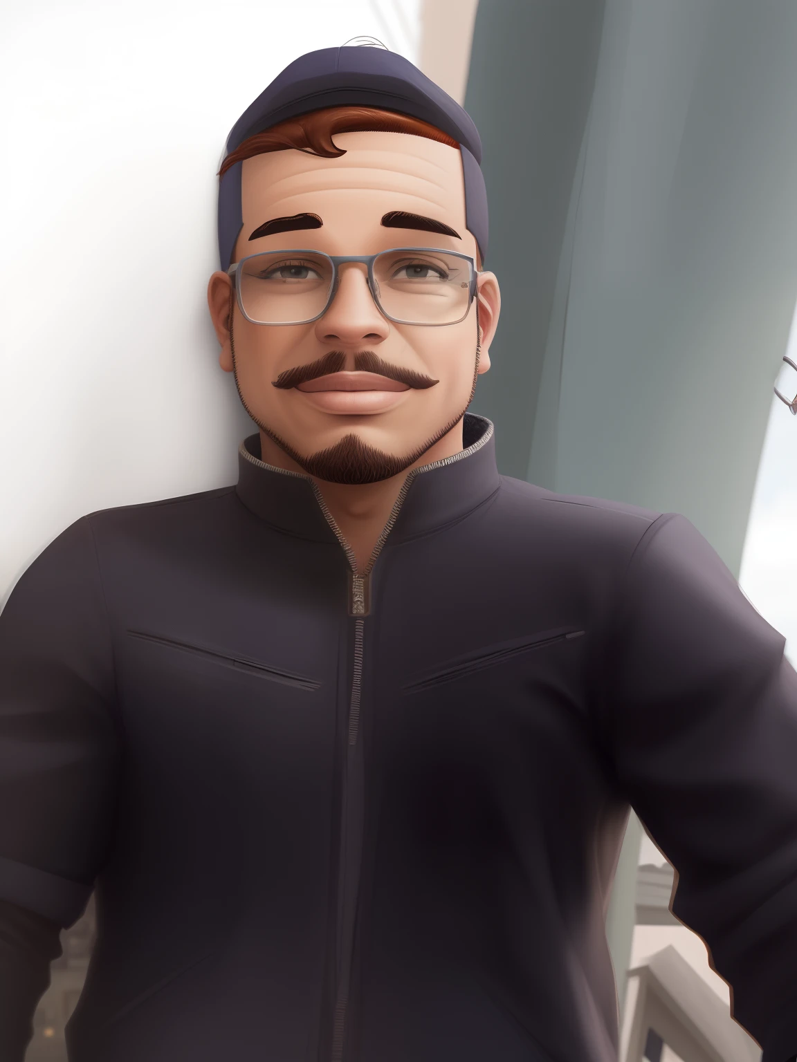 Cartoon,moreno brasileiro,cidade ao fundo,with cap and glasses.