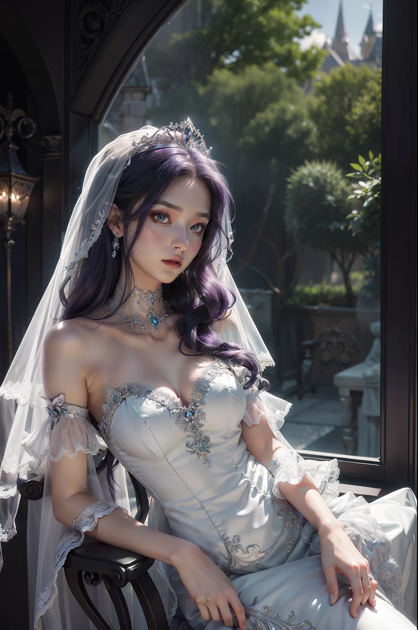 1Bride with mermaid wedding dress in satin, short lace sleeves, ruffled. Long veil. Silver and sapphire jewelry and embellishments. Dark purple hair, green gray eyes. Silver tiara, elegant make-up. Castle as background, cinematic light, highly detailed.