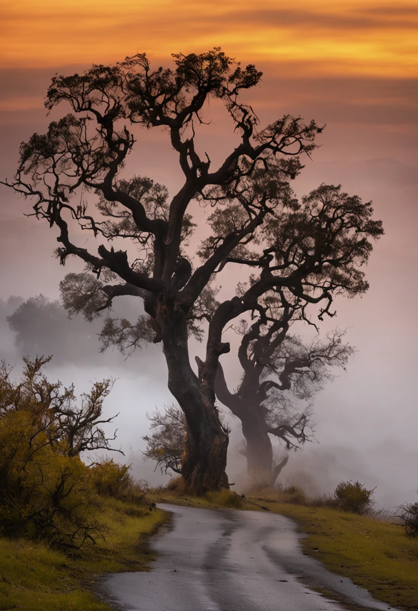 uma paisagem noturna com uma estrada assustadora iluminada por postes levemente amarelados, with gnarled trees and a strange mist gathering around, with shifting shadows