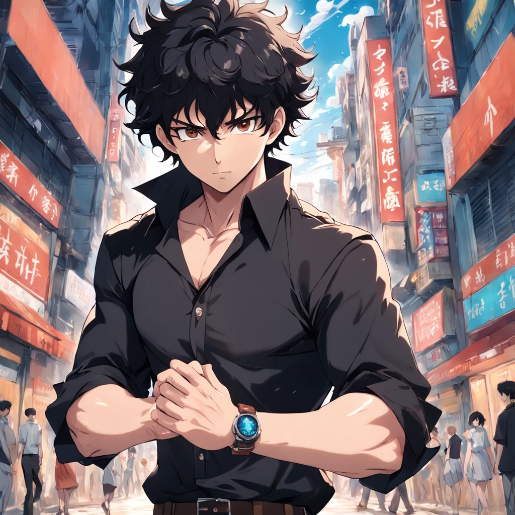 (best quality, masterpiece, anime), 25year old, black curly hair, brown eyes, south Indian, mature man wearing black shirt, whitish pant, strong and tall, black watch in right hand, silver bracelet in left hand killing one with a tap to the head, 4k, best quality, looking at viewer.