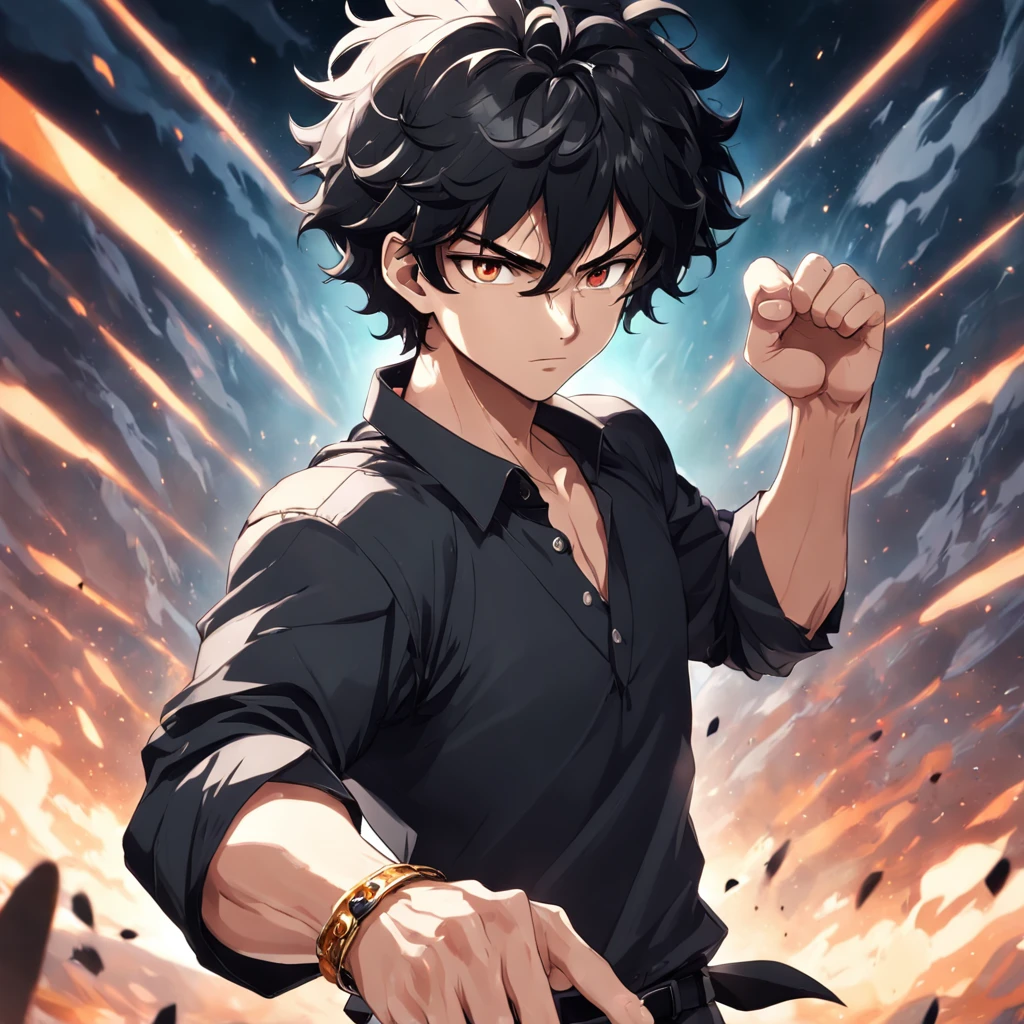 (best quality, masterpiece, anime), 25year old, black curly hair, brown eyes, south Indian, mature man wearing black shirt, whitish pant, strong and tall, black watch in right hand, silver bracelet in left hand killing one with a tap to the head, 4k, best quality, looking at viewer.