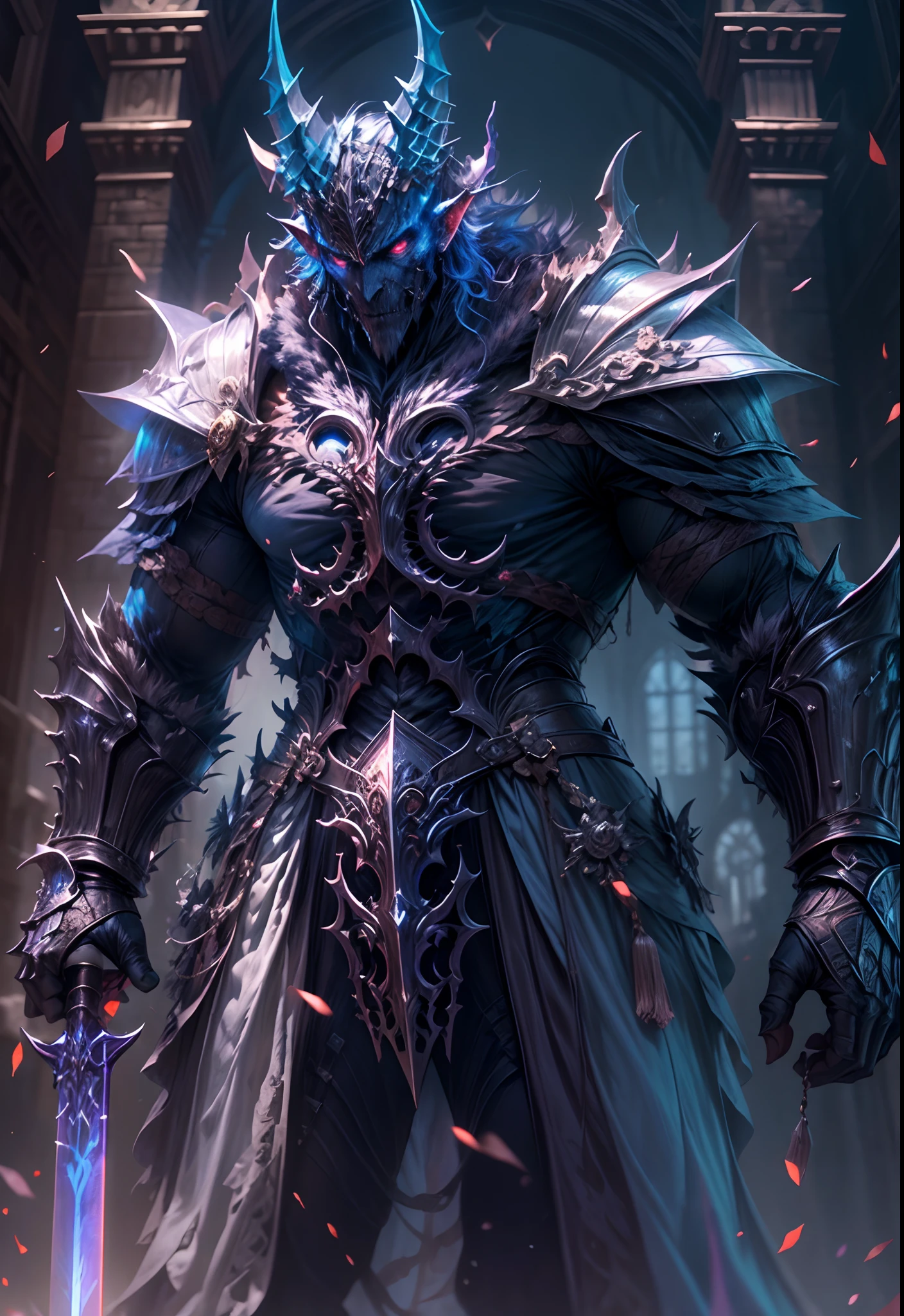 masterpiece, best quality, close shot, Trapezoid, front view, concept art, 1male, demonic horn, (heavy demon knight, heavy shield, holding great sword, handsome, short blue hair), standing, demon castle background, bloodborne inspired, intricate, dark Fantasy theme, depth of field, global illumination, (epic composition, epic proportion), Award winning, HD, Panoramic, [(white background:1.5), ::5],