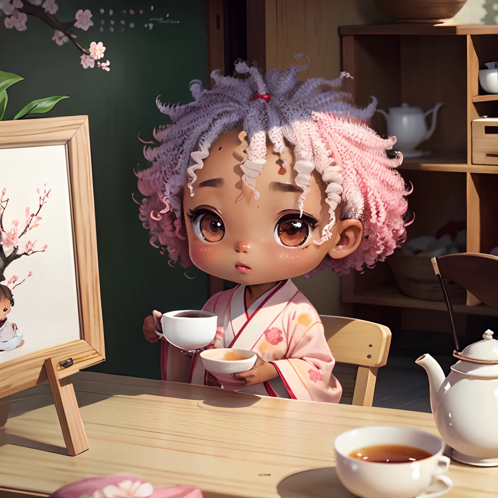 Cute brown skinned  chibi anime, with freckles,white and pink kimono, drink tea, curly grey hair, in a frame, drink hot tea, cherry blossom